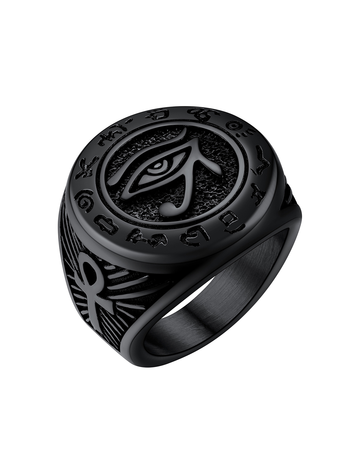 Vintage Egyptian Eye of Horus Ankh Cross Ring in Black Plated