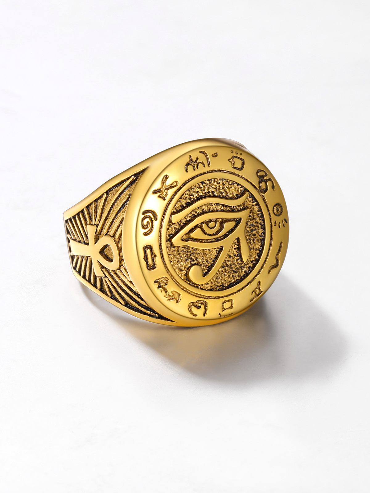 Vintage Egyptian Eye of Horus Ankh Cross Ring in 18K Gold Plated