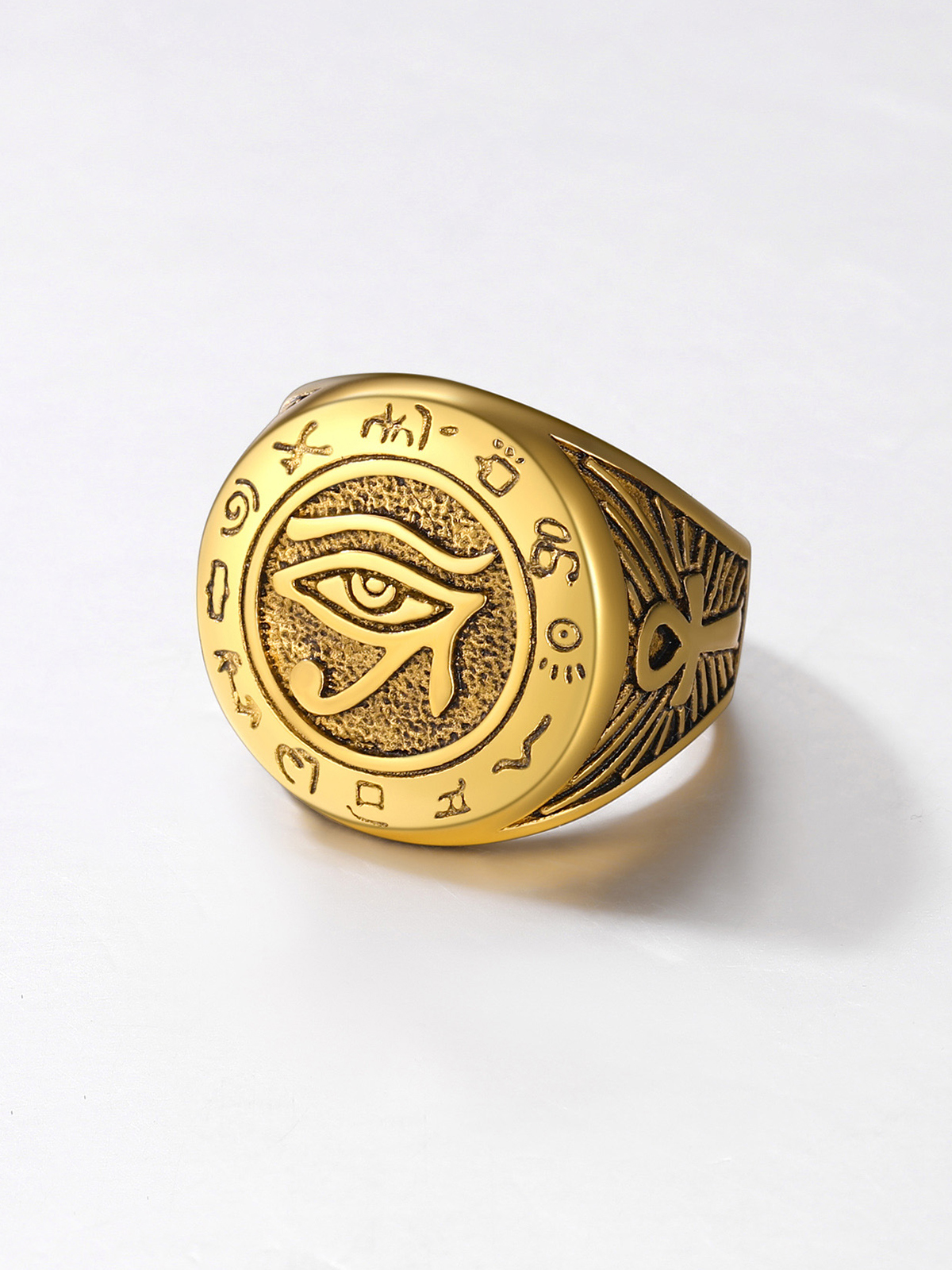 Vintage Egyptian Eye of Horus Ankh Cross Ring in 18K Gold Plated