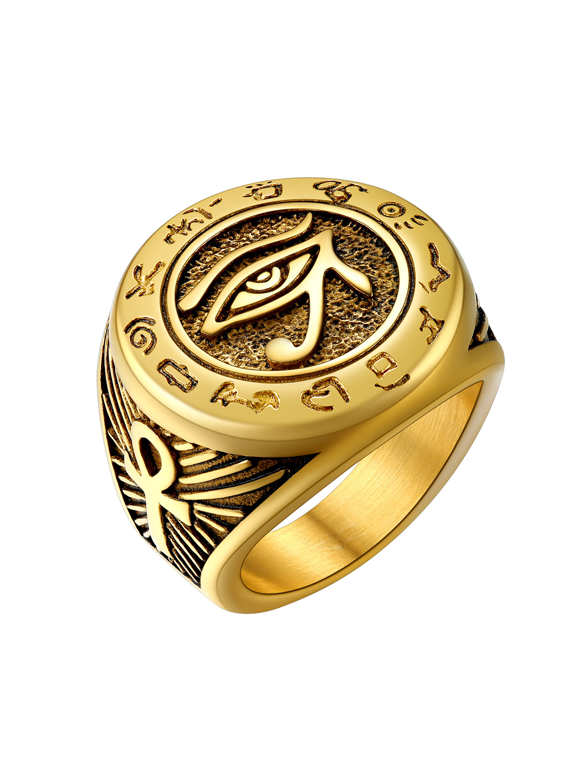 Vintage Egyptian Eye of Horus Ankh Cross Ring in 18K Gold Plated