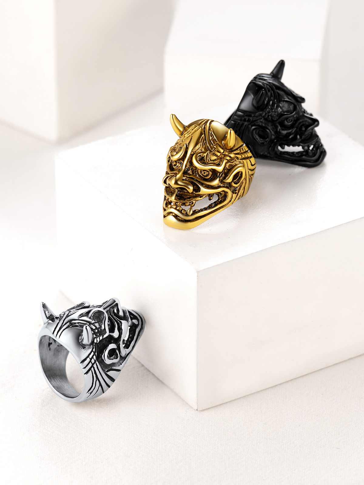 Halloween Gothic Jewelry Devil Horn Signet Ring in 18K Gold Plated