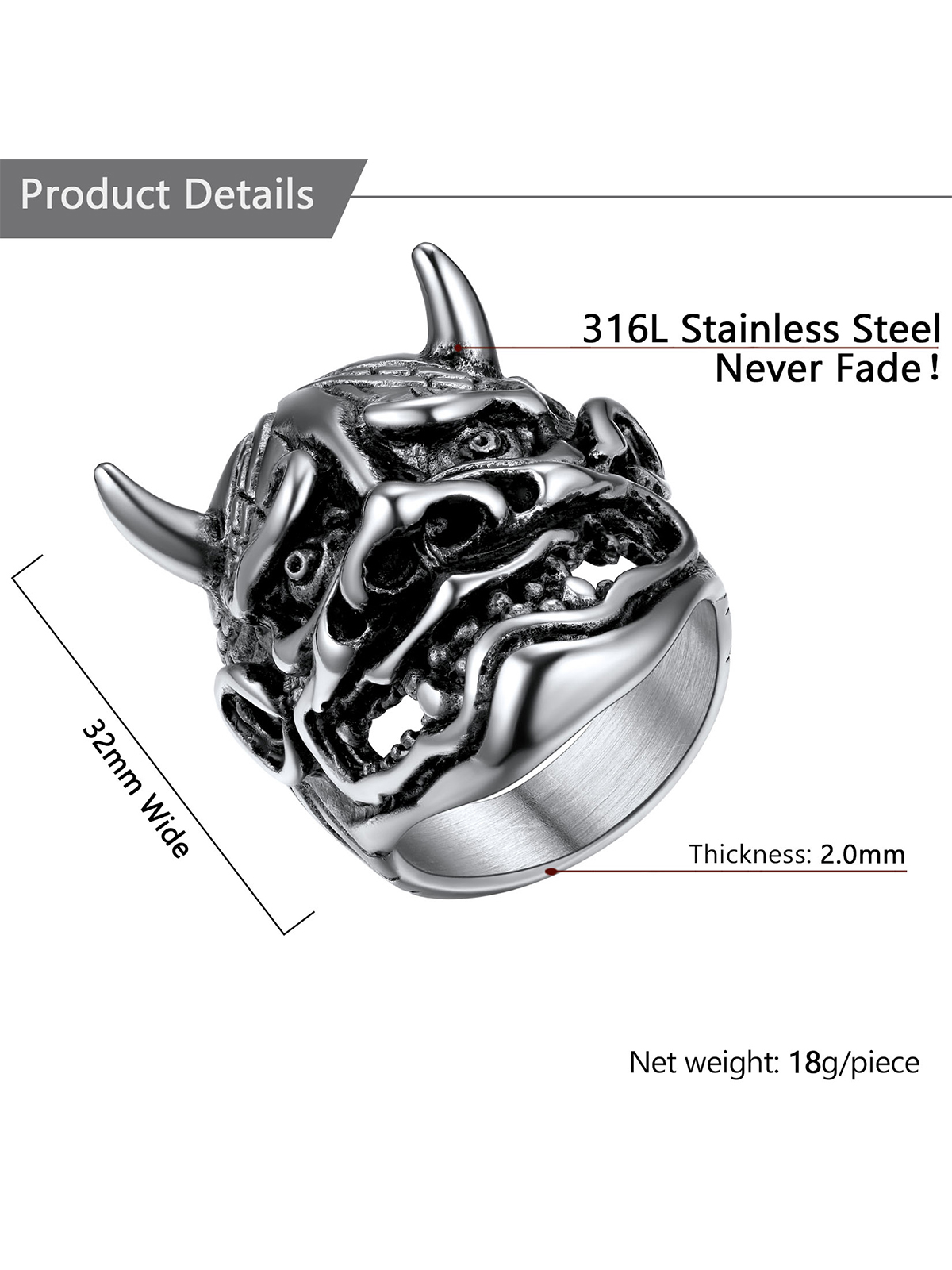 Halloween Gothic Jewelry Devil Horn Signet Ring in Stainless