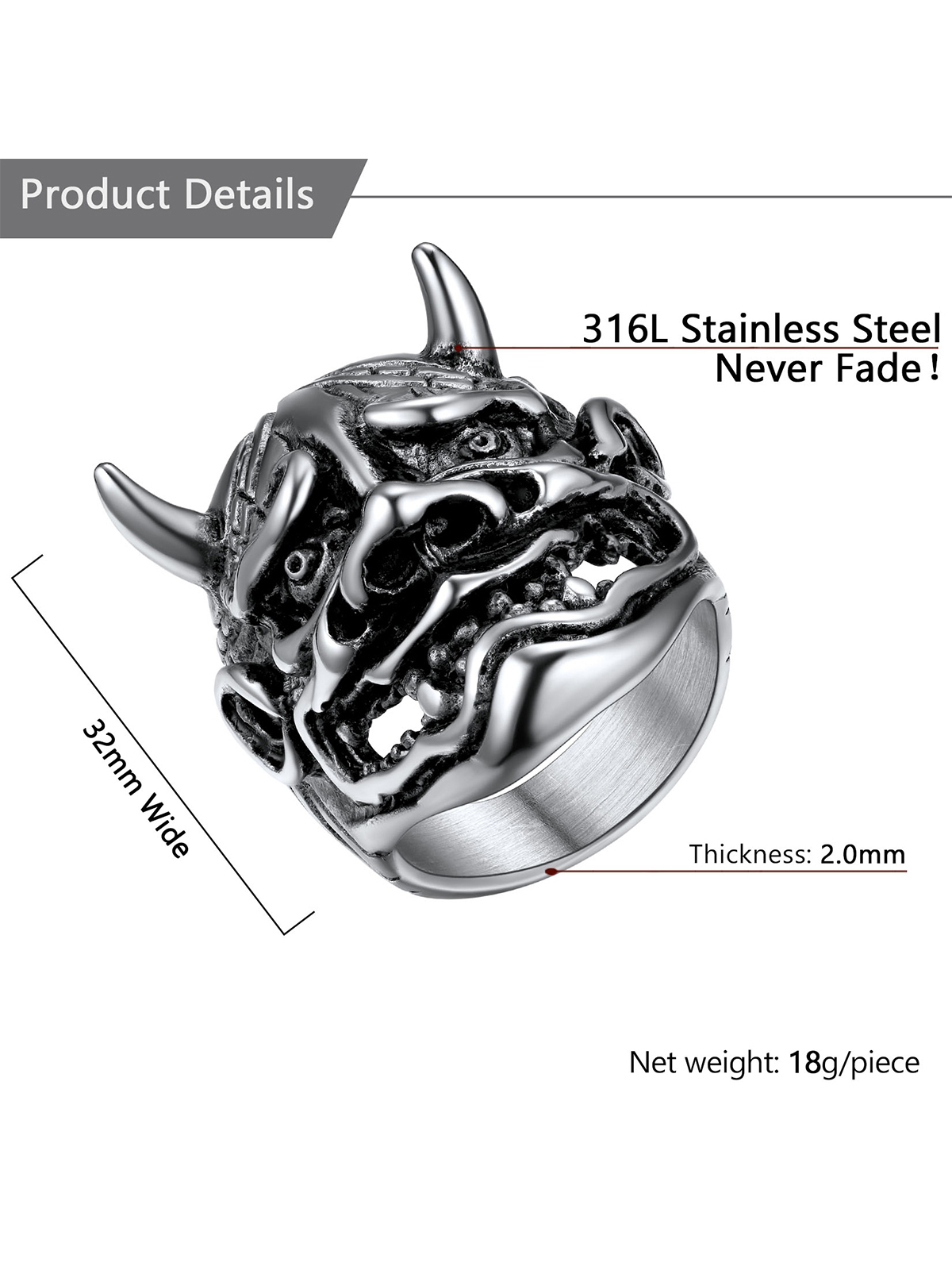 Halloween Gothic Jewelry Devil Horn Signet Ring in Stainless