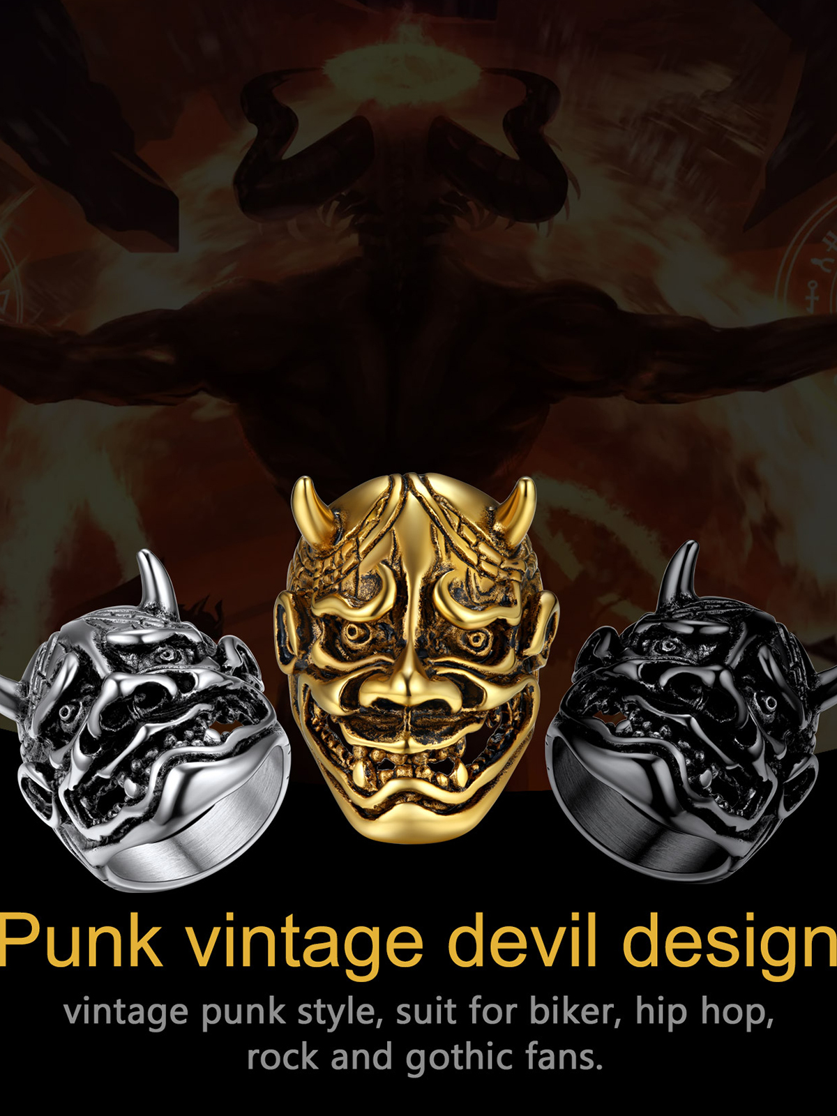 Halloween Gothic Jewelry Devil Horn Signet Ring in 18K Gold Plated