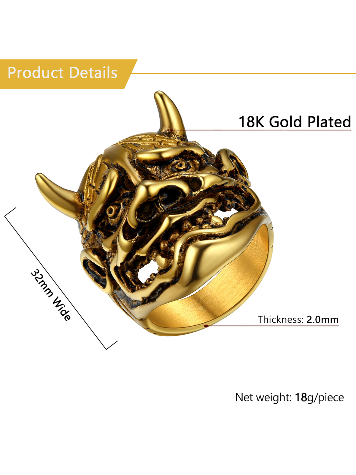 Halloween Gothic Jewelry Devil Horn Signet Ring in 18K Gold Plated