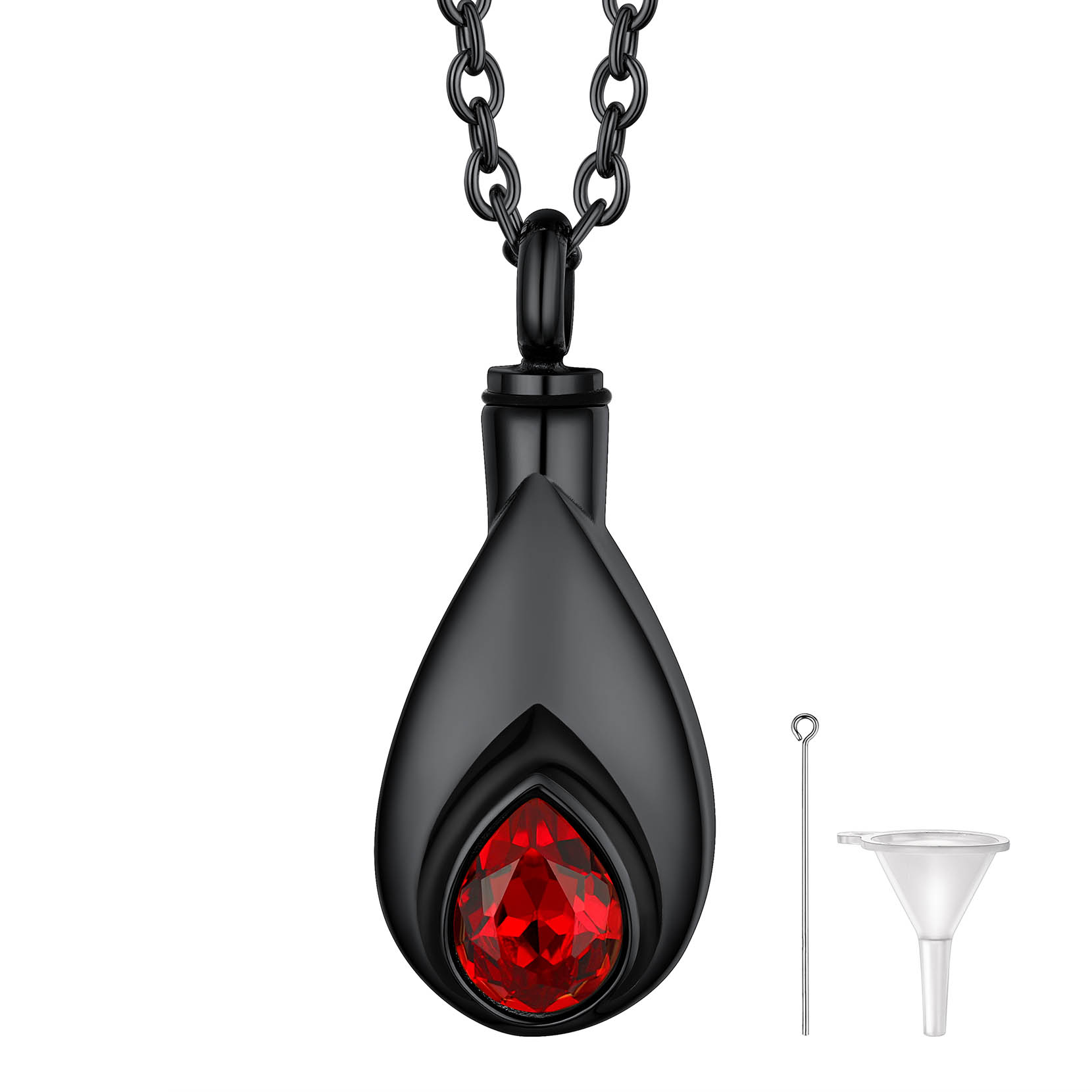 Teardrop Birthstone Pendant Cremation Urn Necklace in Black Plated