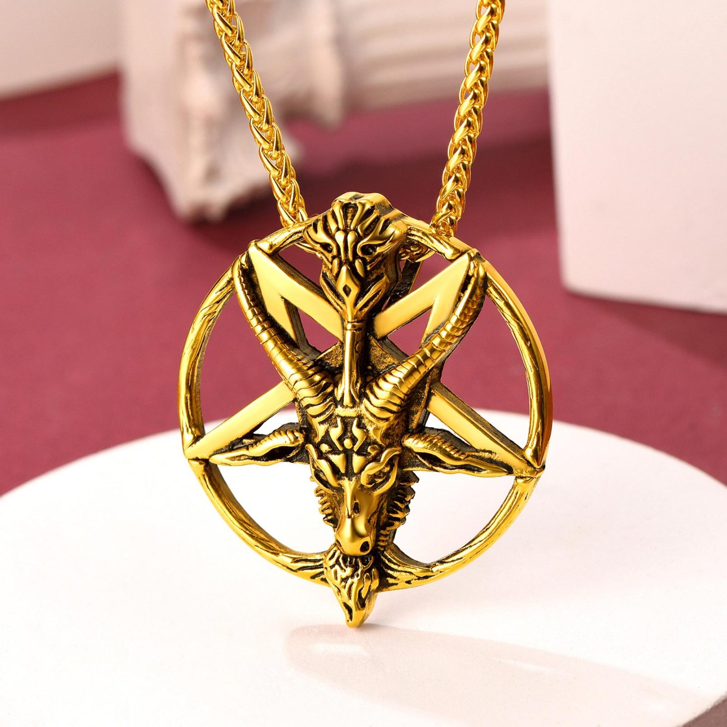 Goat Pendant Pentagram Necklace, 18K Gold Plated-01
