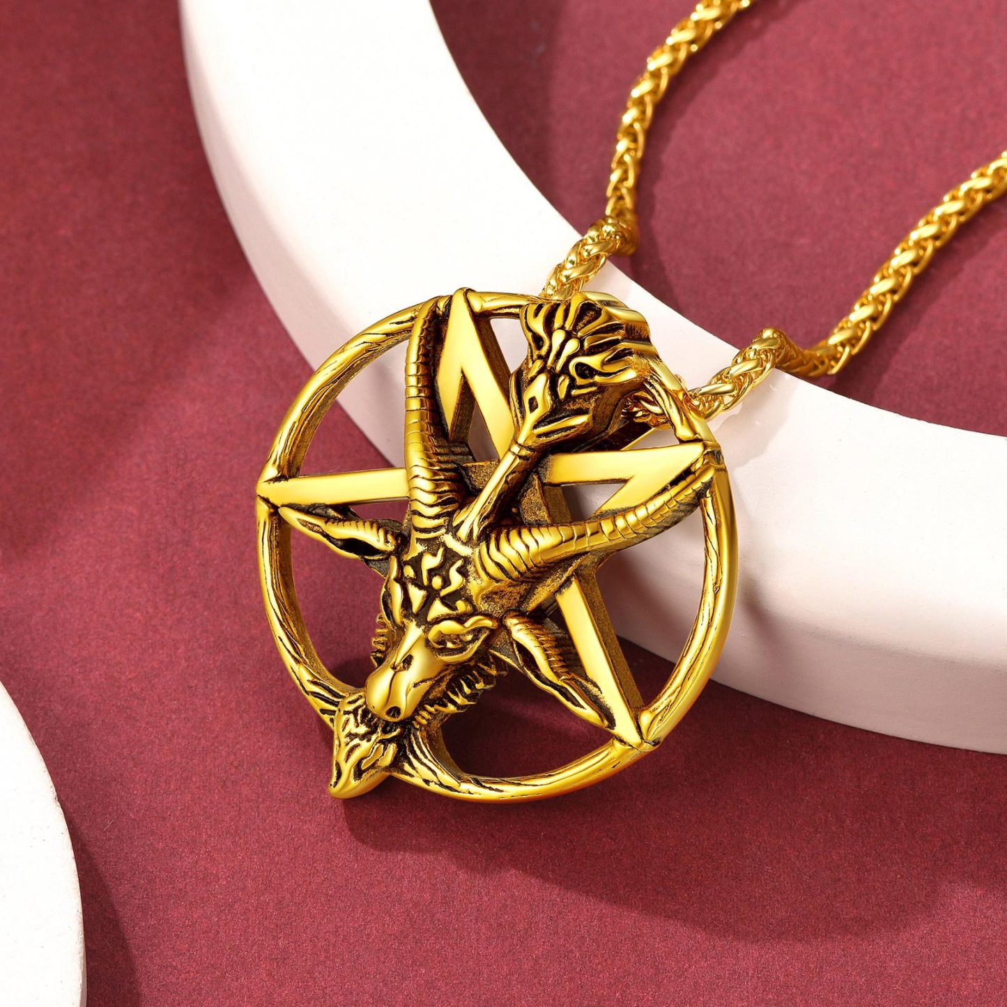 Goat Pendant Pentagram Necklace, 18K Gold Plated-02