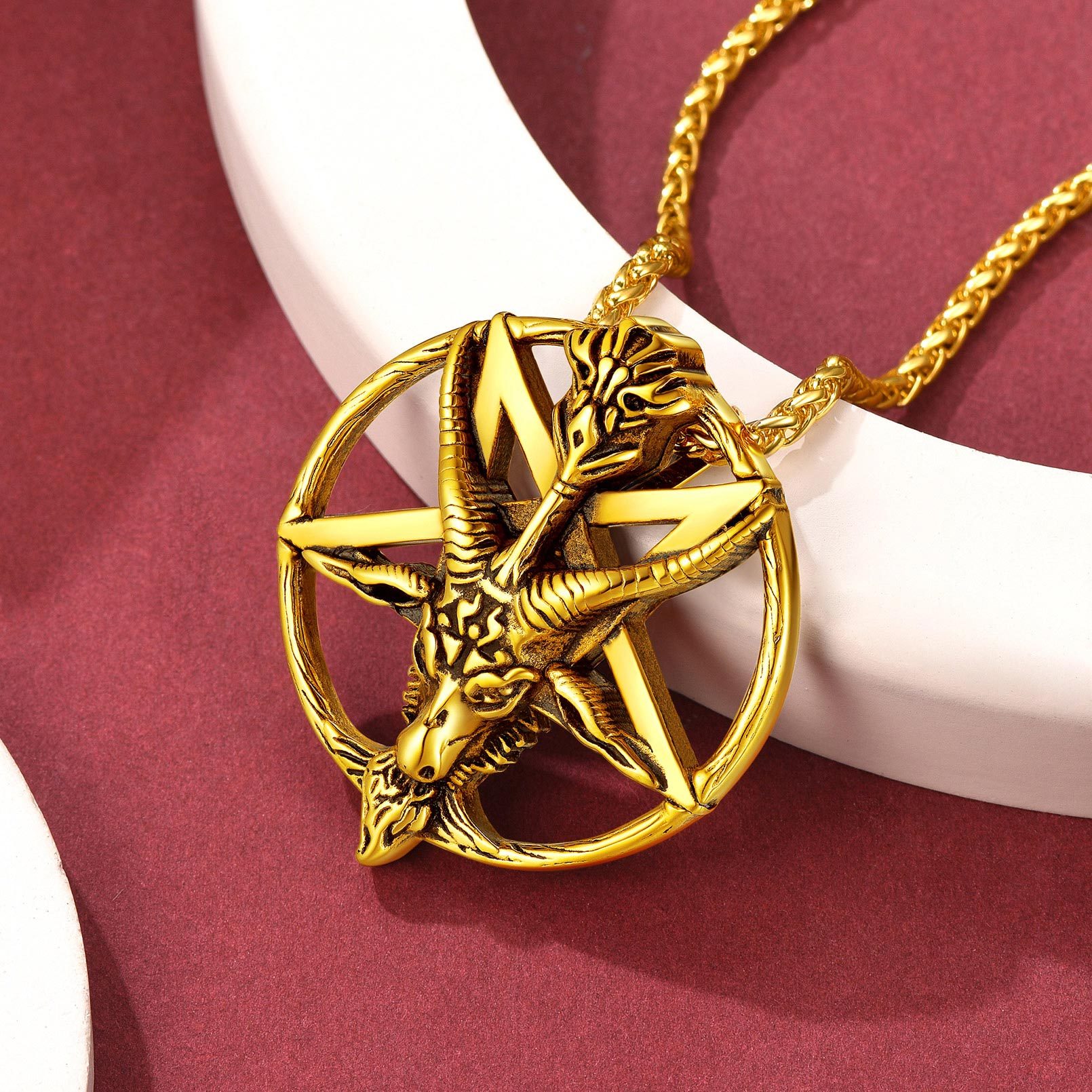 Goat Pendant Pentagram Necklace, 18K Gold Plated-02