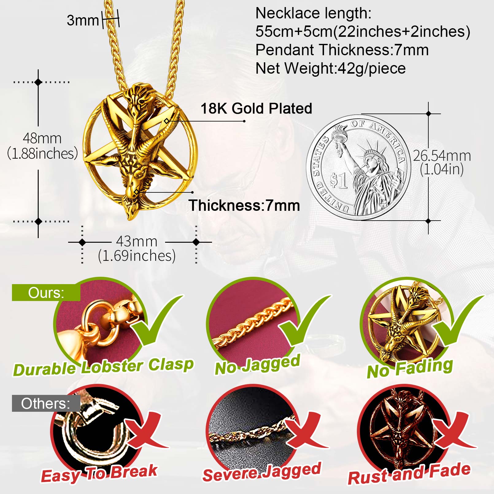 Goat Pendant Pentagram Necklace Details-Necklace Length, Weight