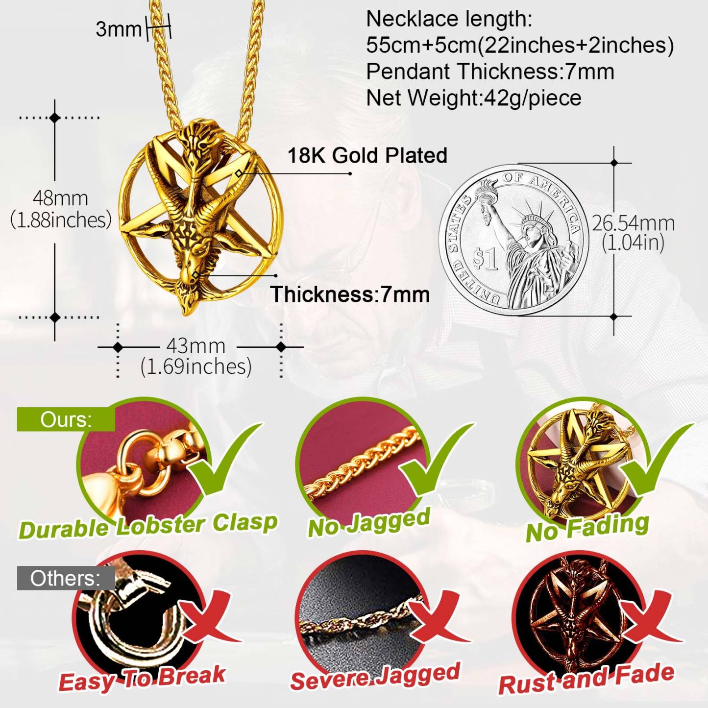 Goat Pendant Pentagram Necklace Details-Necklace Length, Weight