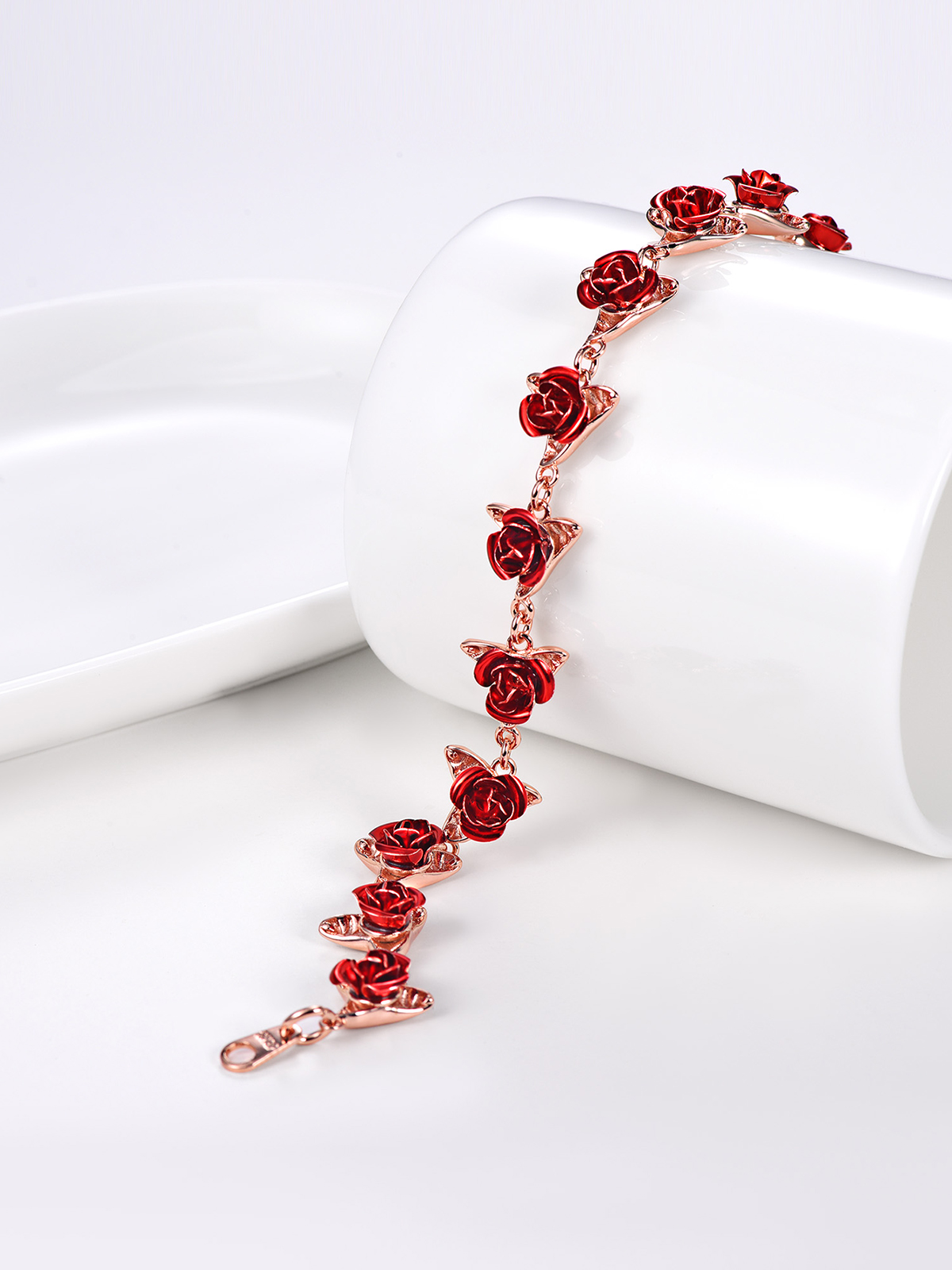 Red Rose Bracelet in Rose Gold