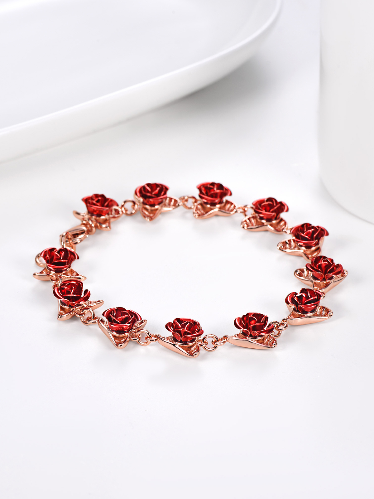 Red Rose Bracelet in Rose Gold