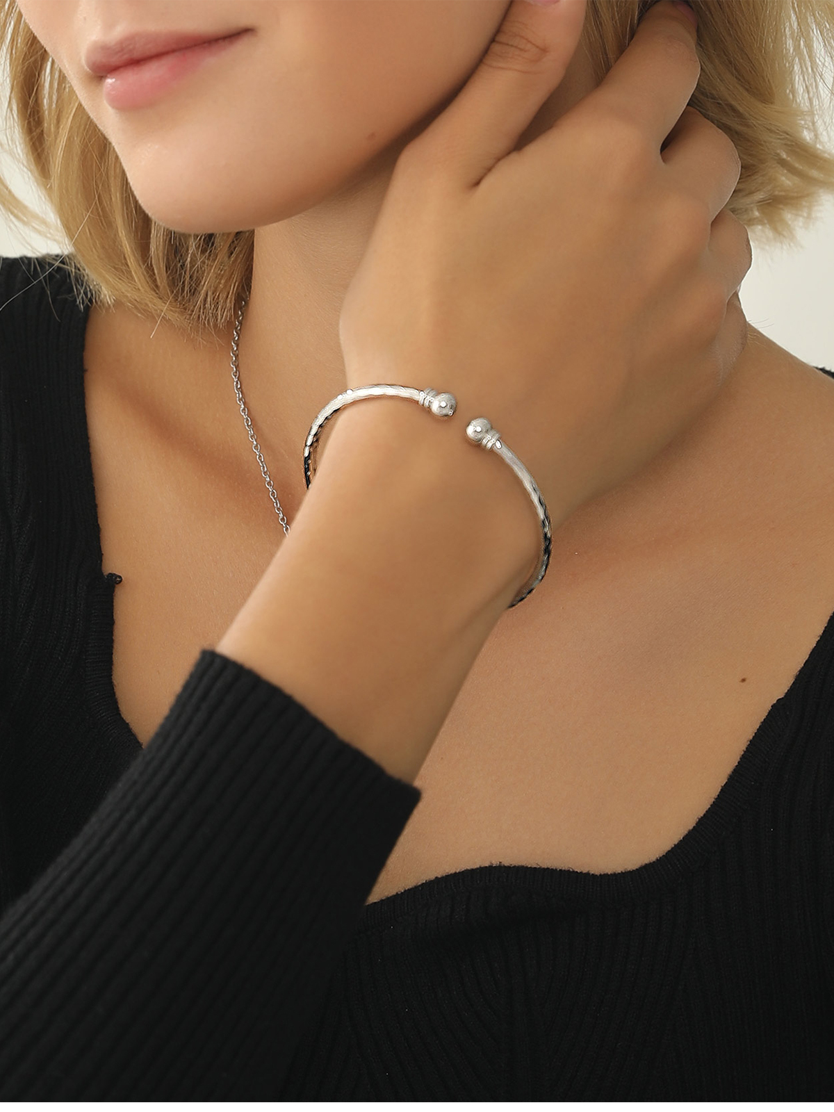 Open Adjustable Bangle Cuff Bracelet in Silver