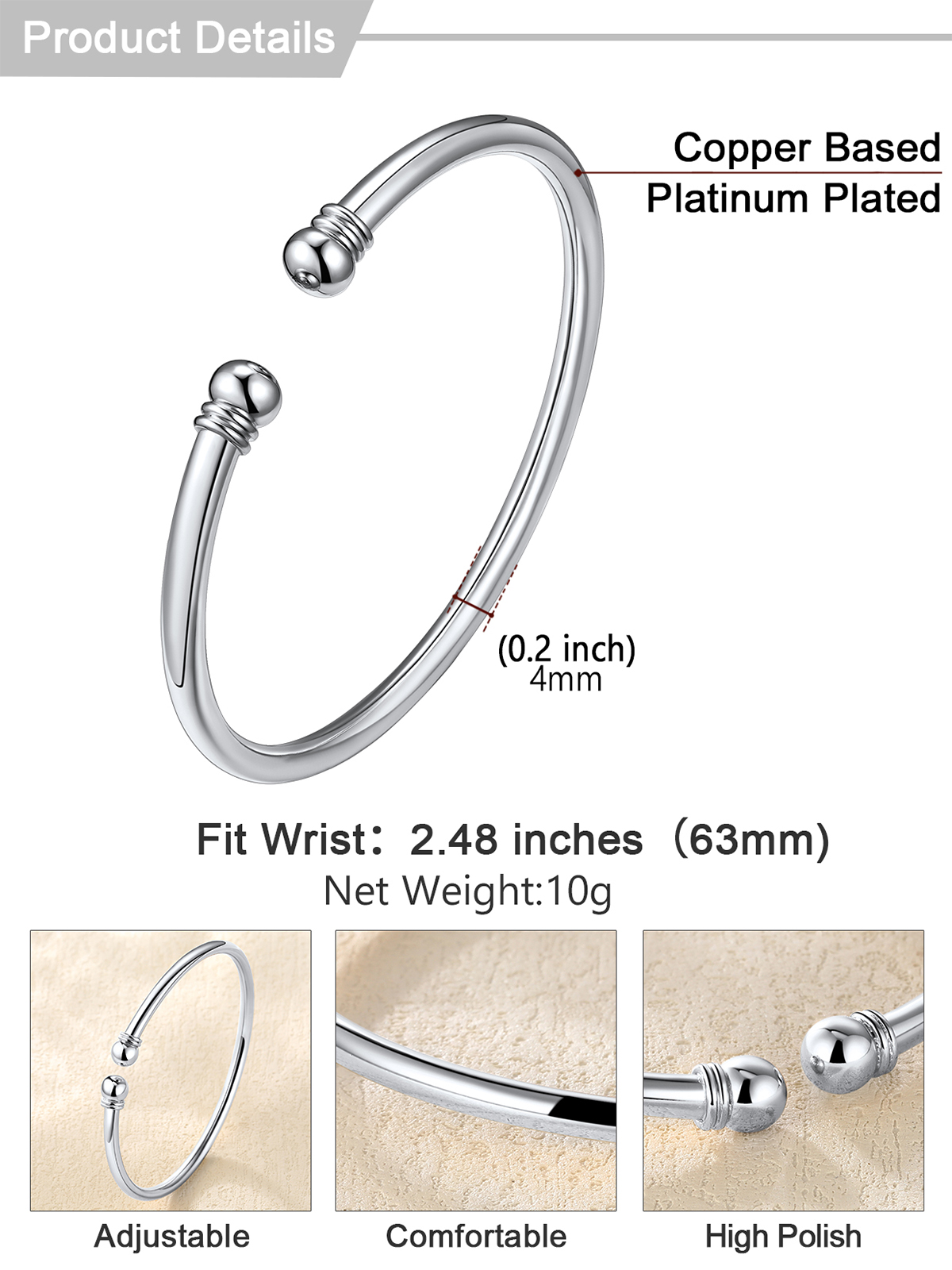 Open Adjustable Bangle Cuff Polished Bracelet in Platinum Plated