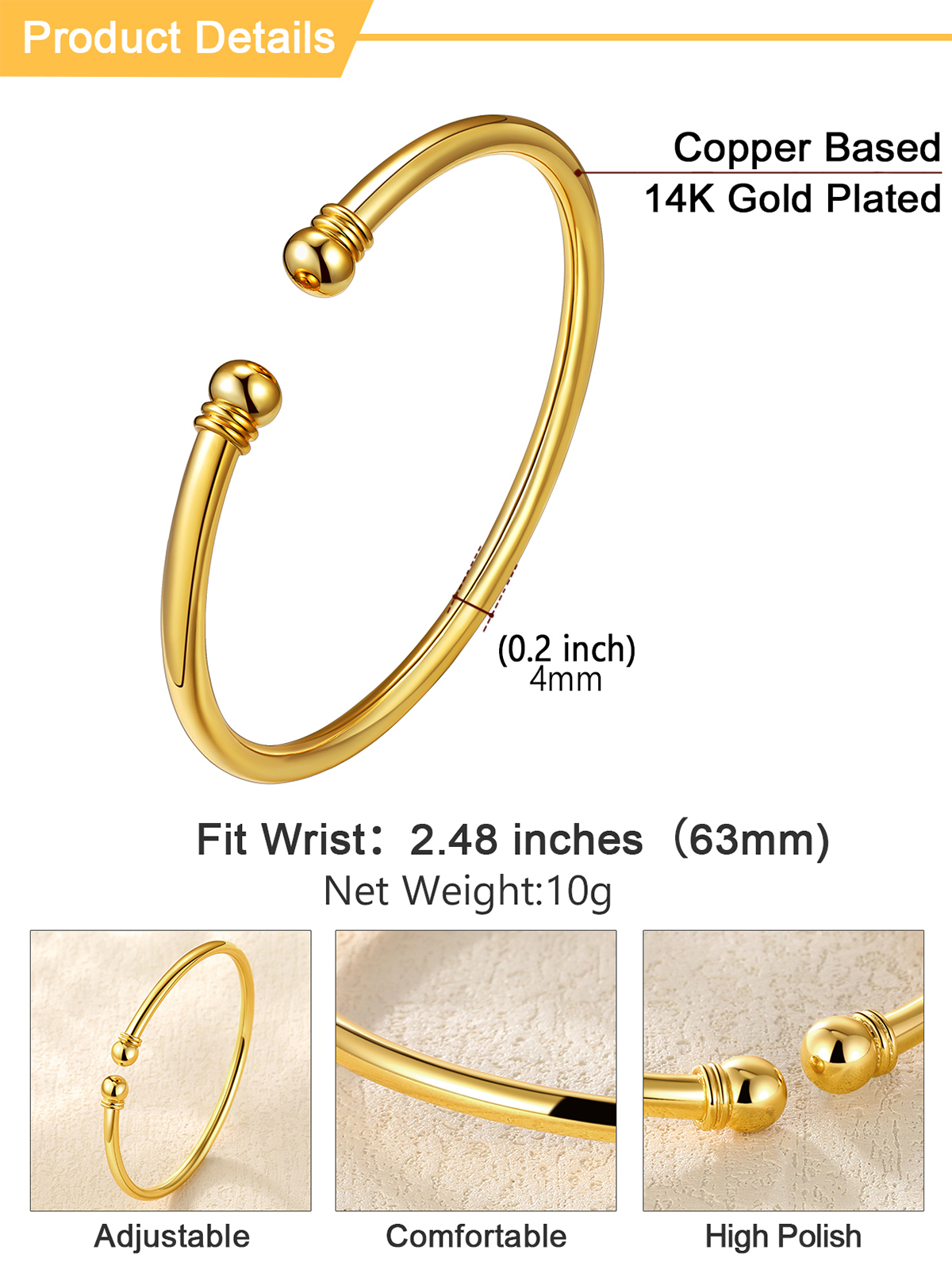 Open Adjustable Bangle Cuff Polished Bracelet in 14K Gold Plated