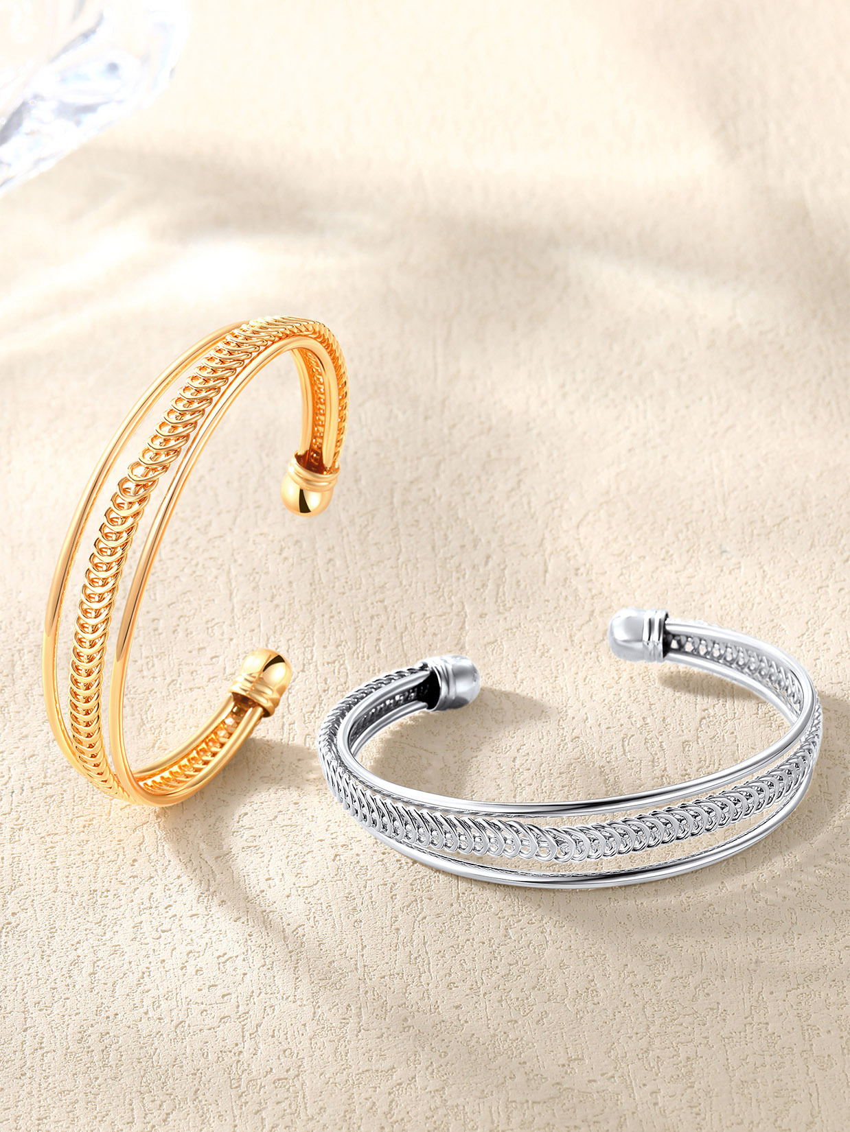 Open Adjustable Bangle Layered Cuff Bracelet in 18K Gold Plated