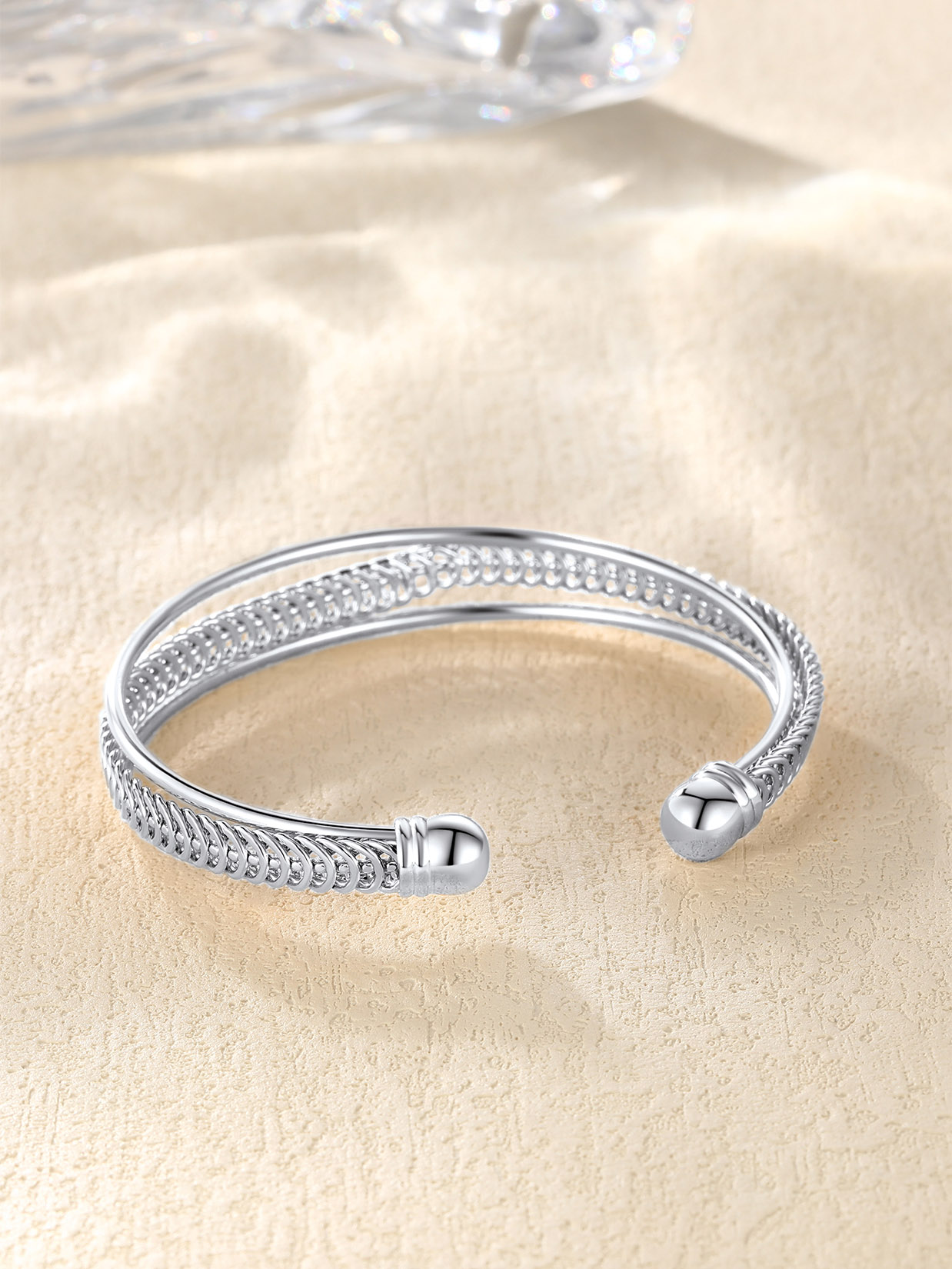 Open Adjustable Bangle Layered Cuff Bracelet in Platinum Plated