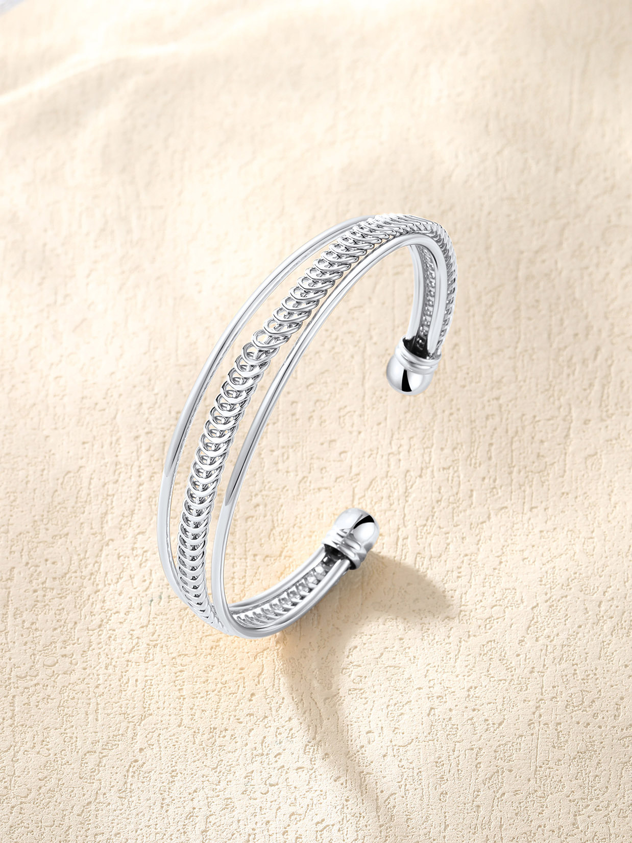 Open Adjustable Bangle Layered Cuff Bracelet in Platinum Plated