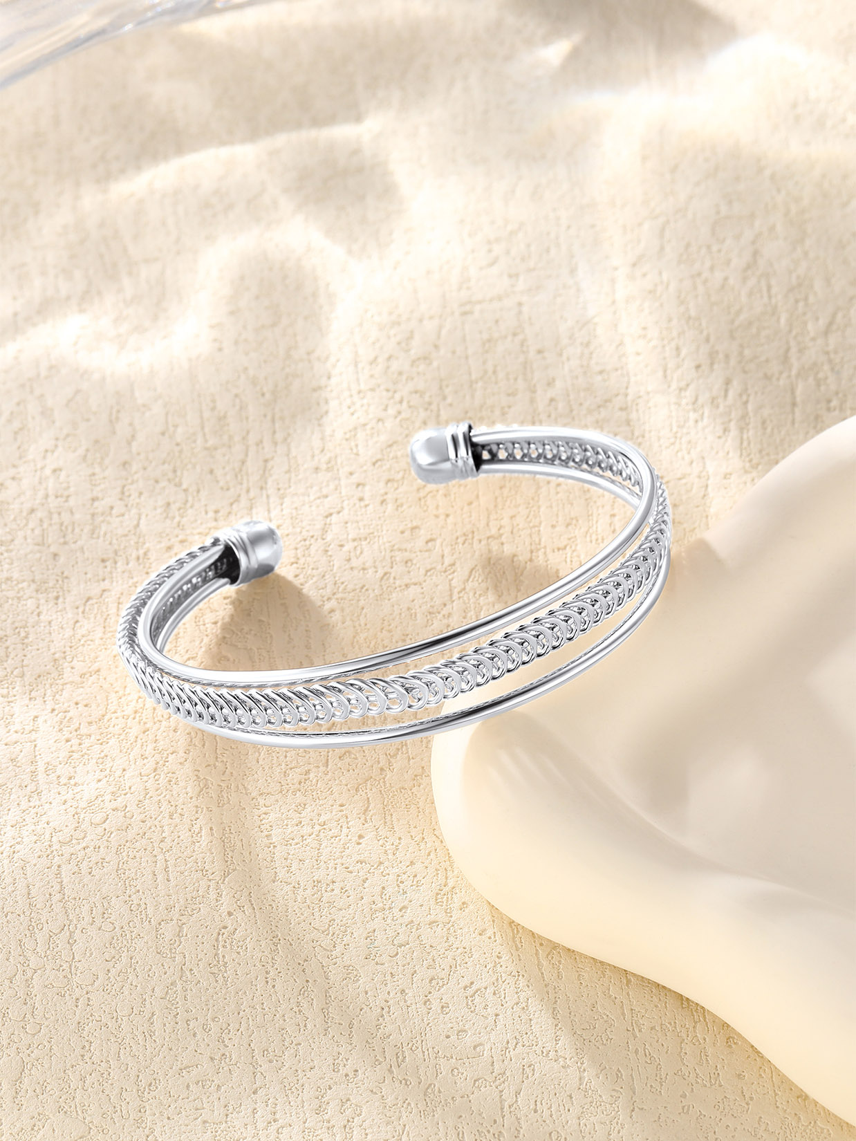 Open Adjustable Bangle Layered Cuff Bracelet in Platinum Plated