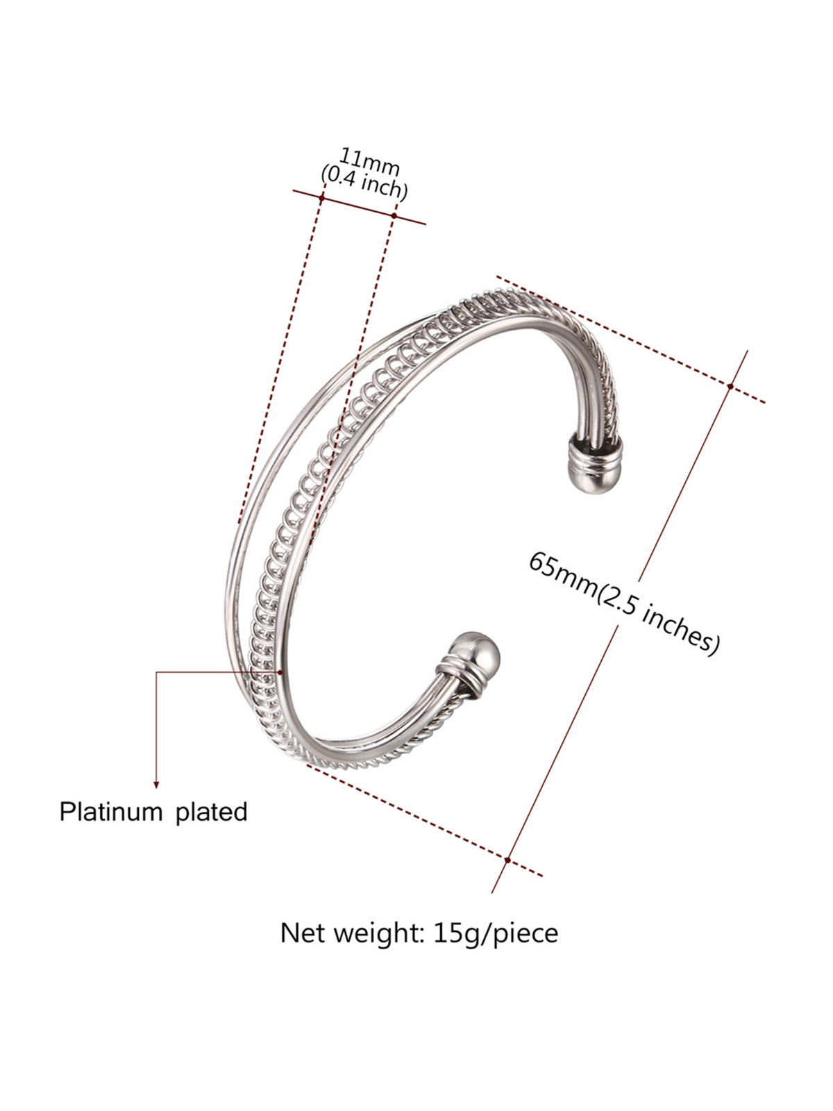 Open Adjustable Bangle Layered Cuff Bracelet in Platinum Plated
