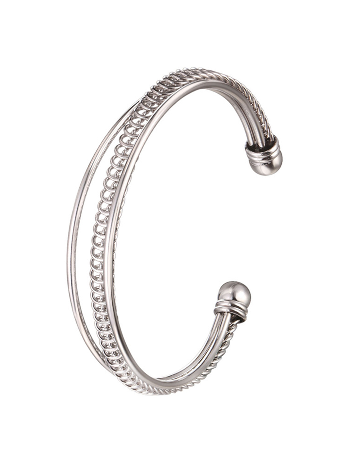 Open Adjustable Bangle Layered Cuff Bracelet in Platinum Plated