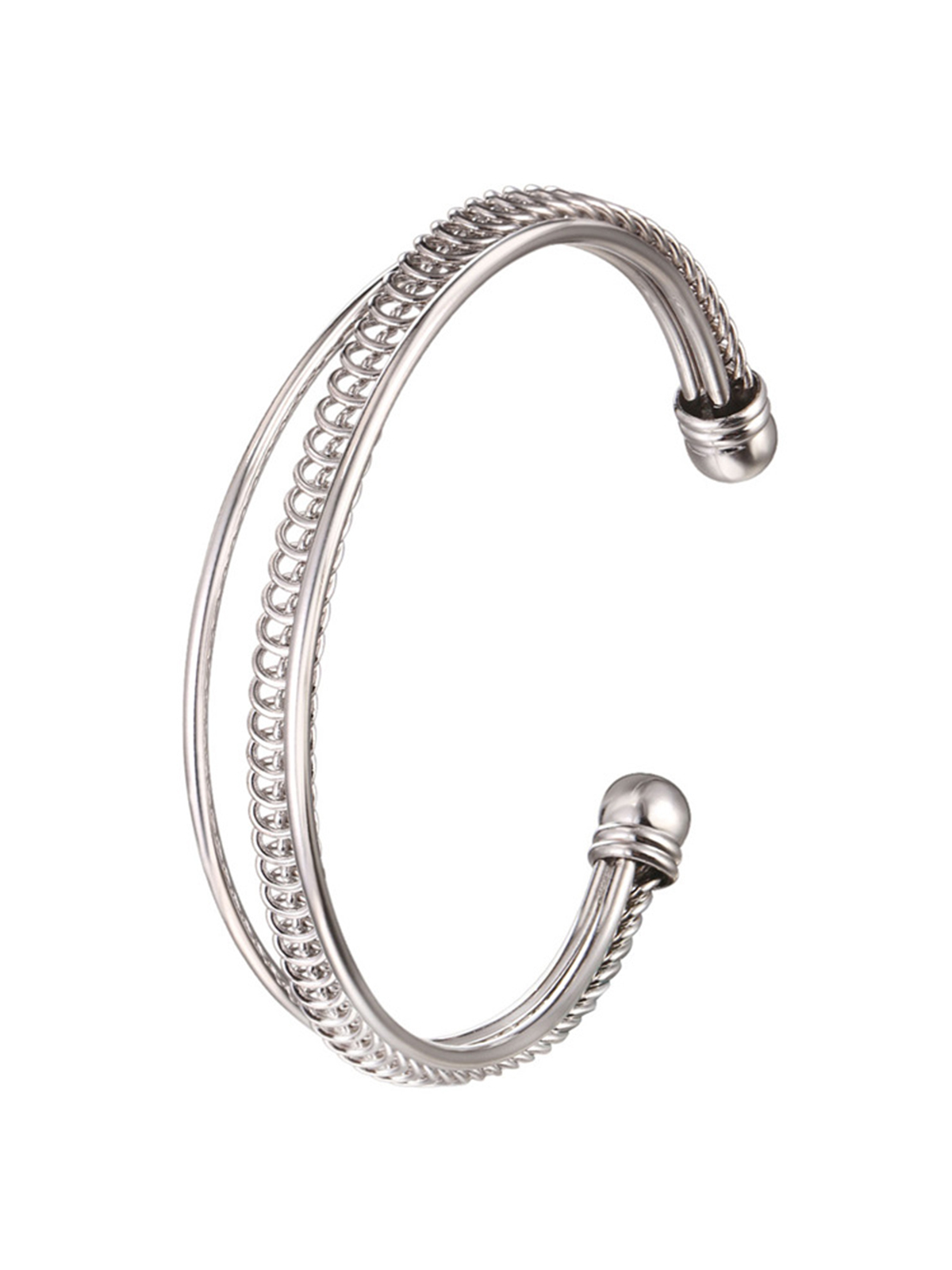 Open Adjustable Bangle Layered Cuff Bracelet in Platinum Plated