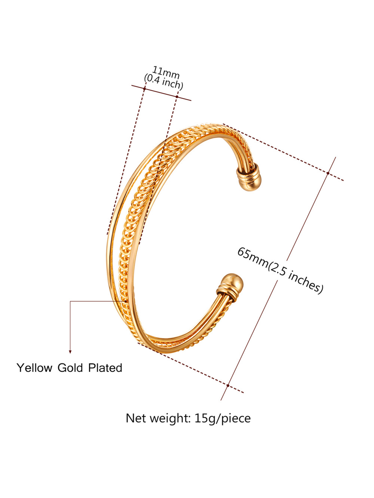 Open Adjustable Bangle Layered Cuff Bracelet in 18K Gold Plated
