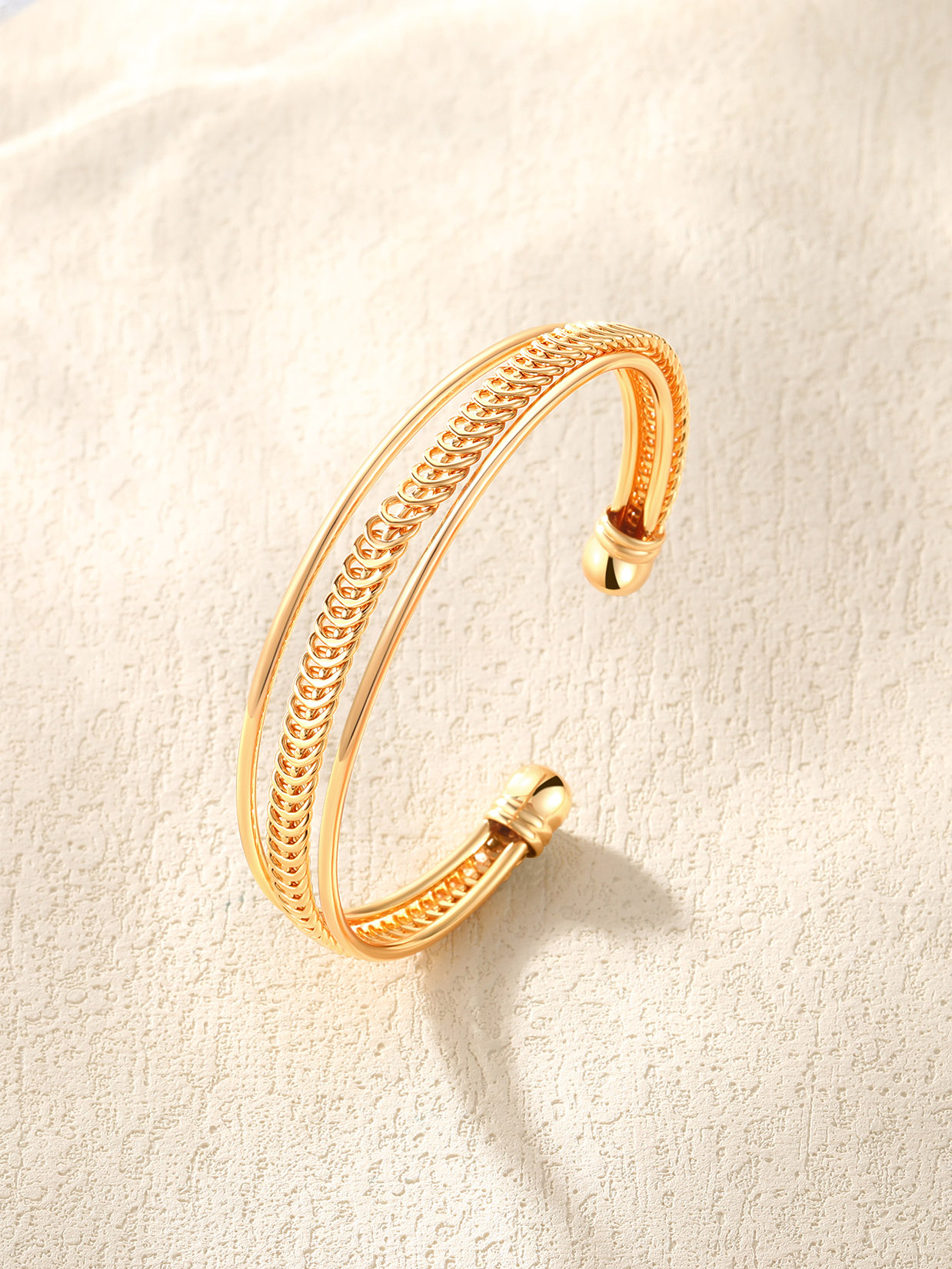 Open Adjustable Bangle Layered Cuff Bracelet in 18K Gold Plated