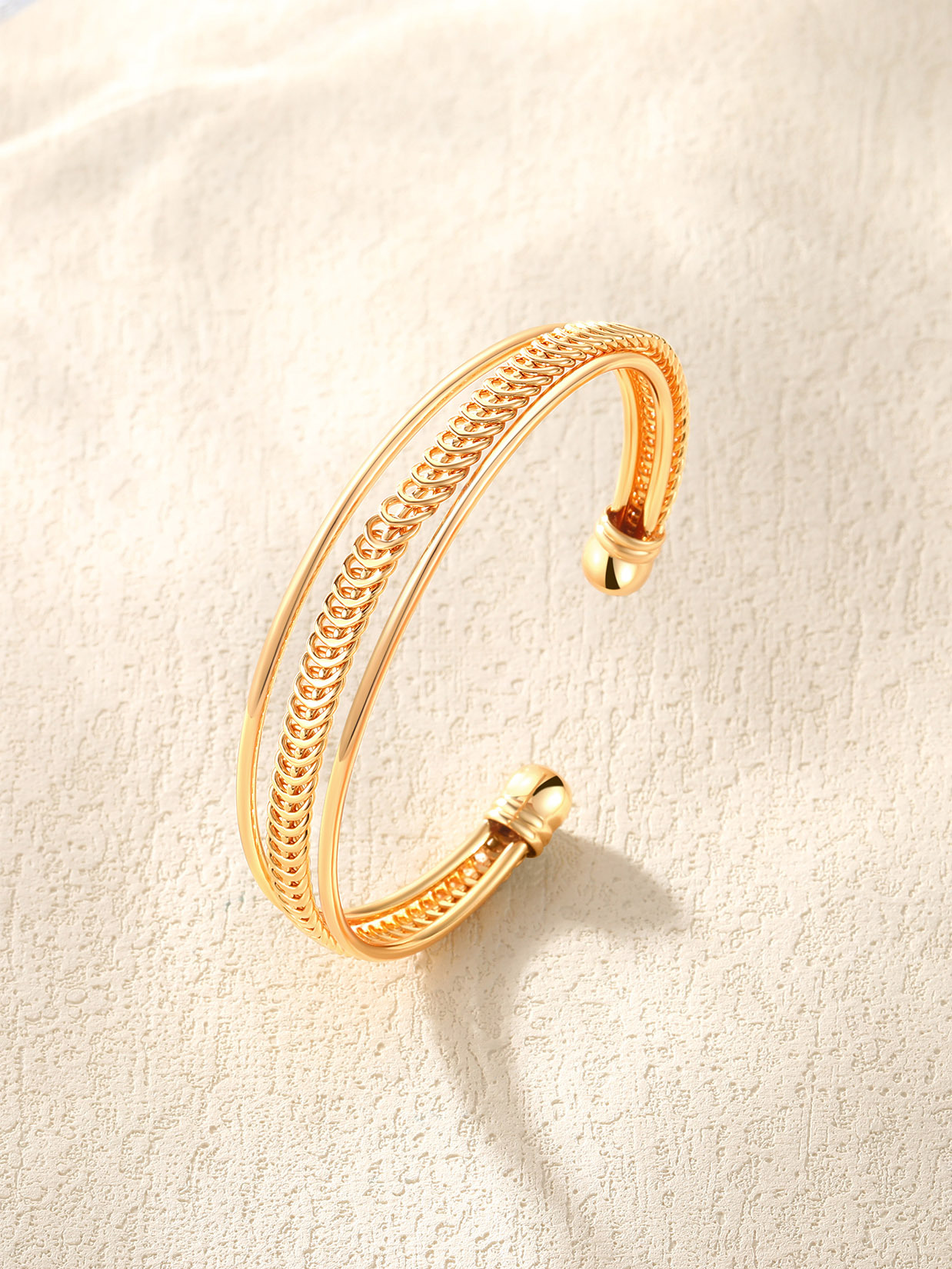 Open Adjustable Bangle Layered Cuff Bracelet in 18K Gold Plated
