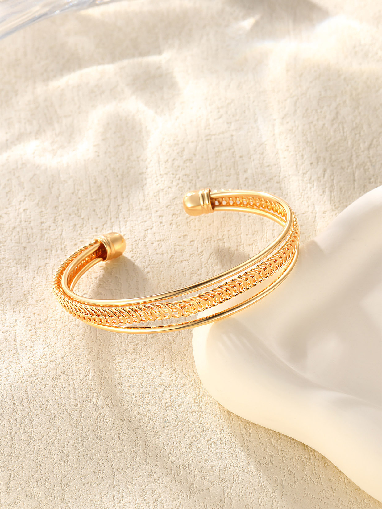 Open Adjustable Bangle Layered Cuff Bracelet in 18K Gold Plated