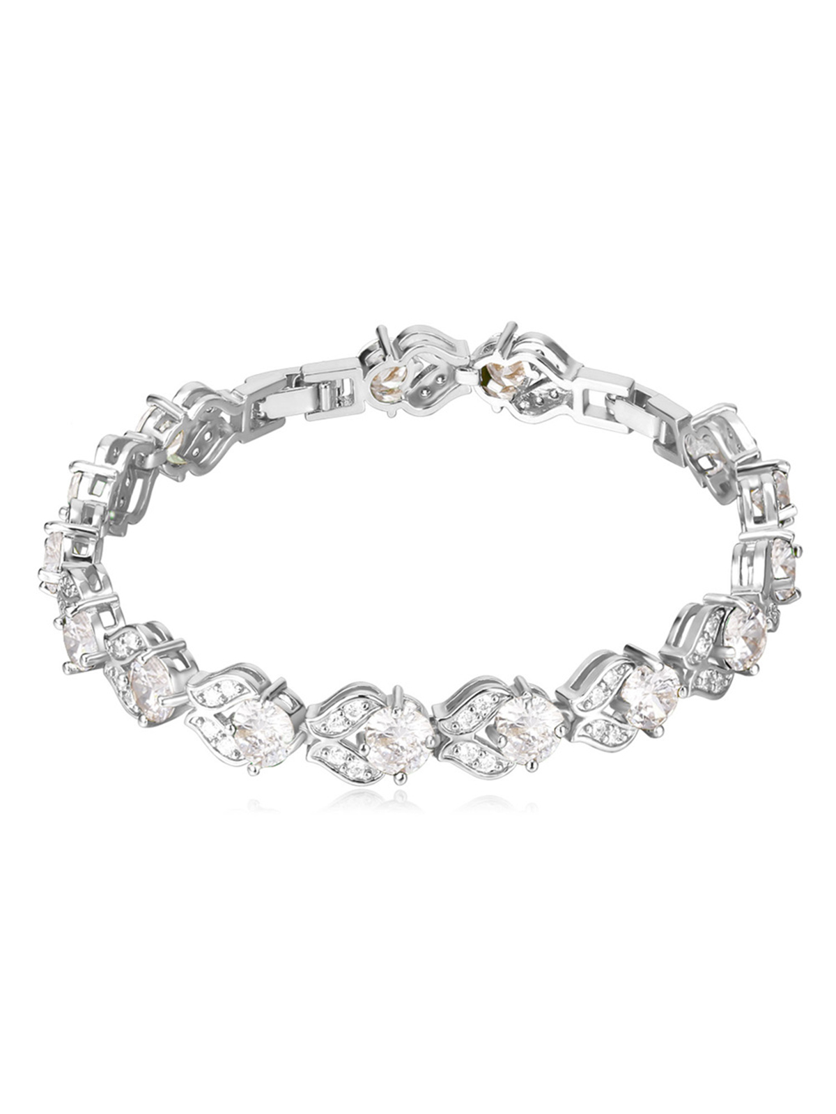 Tennis Chain Flower Bracelet with CZ in Platinum Plated