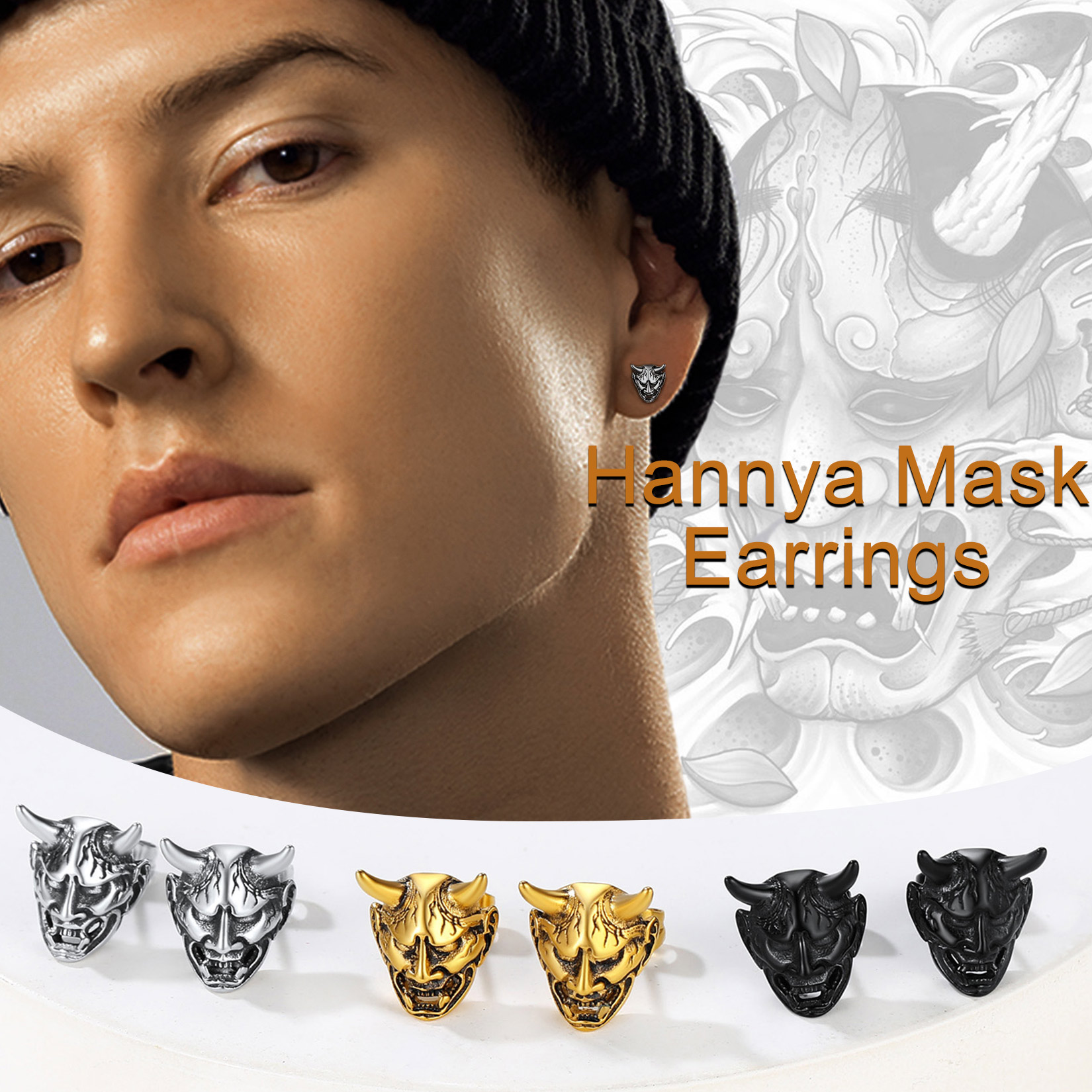 Hannya Mask Stud Earrings, Fashion Jewelry