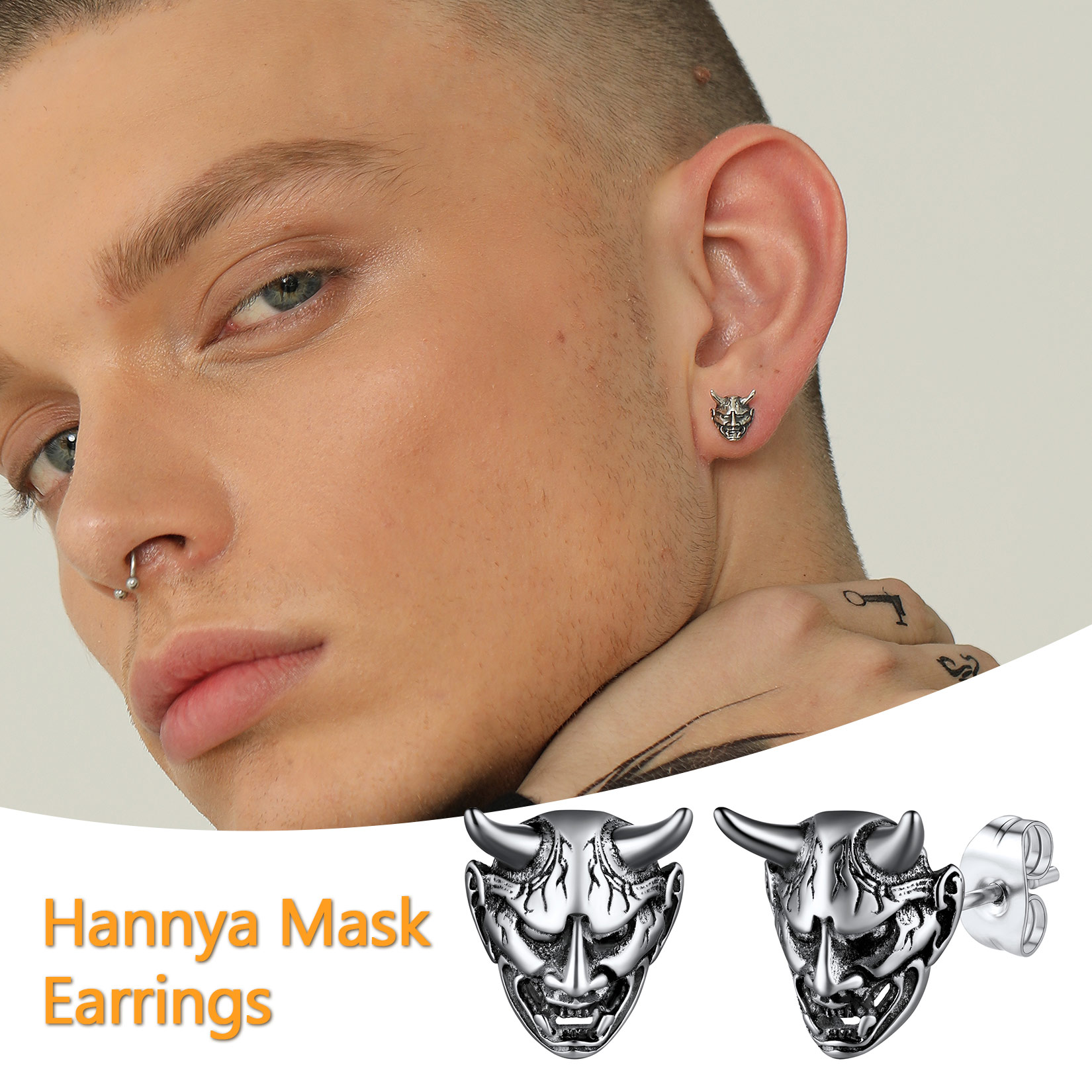 Hannya Mask Stud Earrings for Men-02