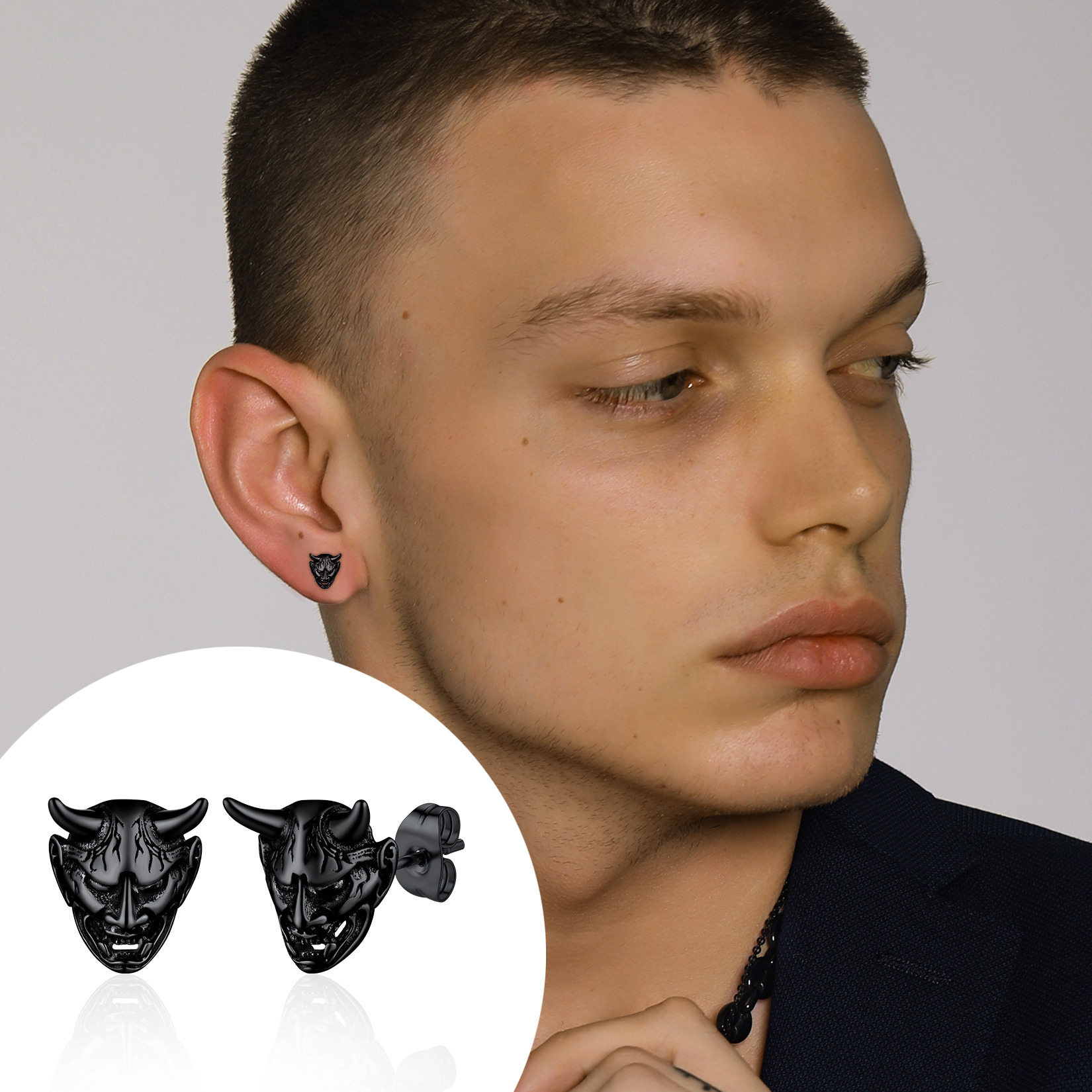 Hannya Mask Stud Earrings for Men-02