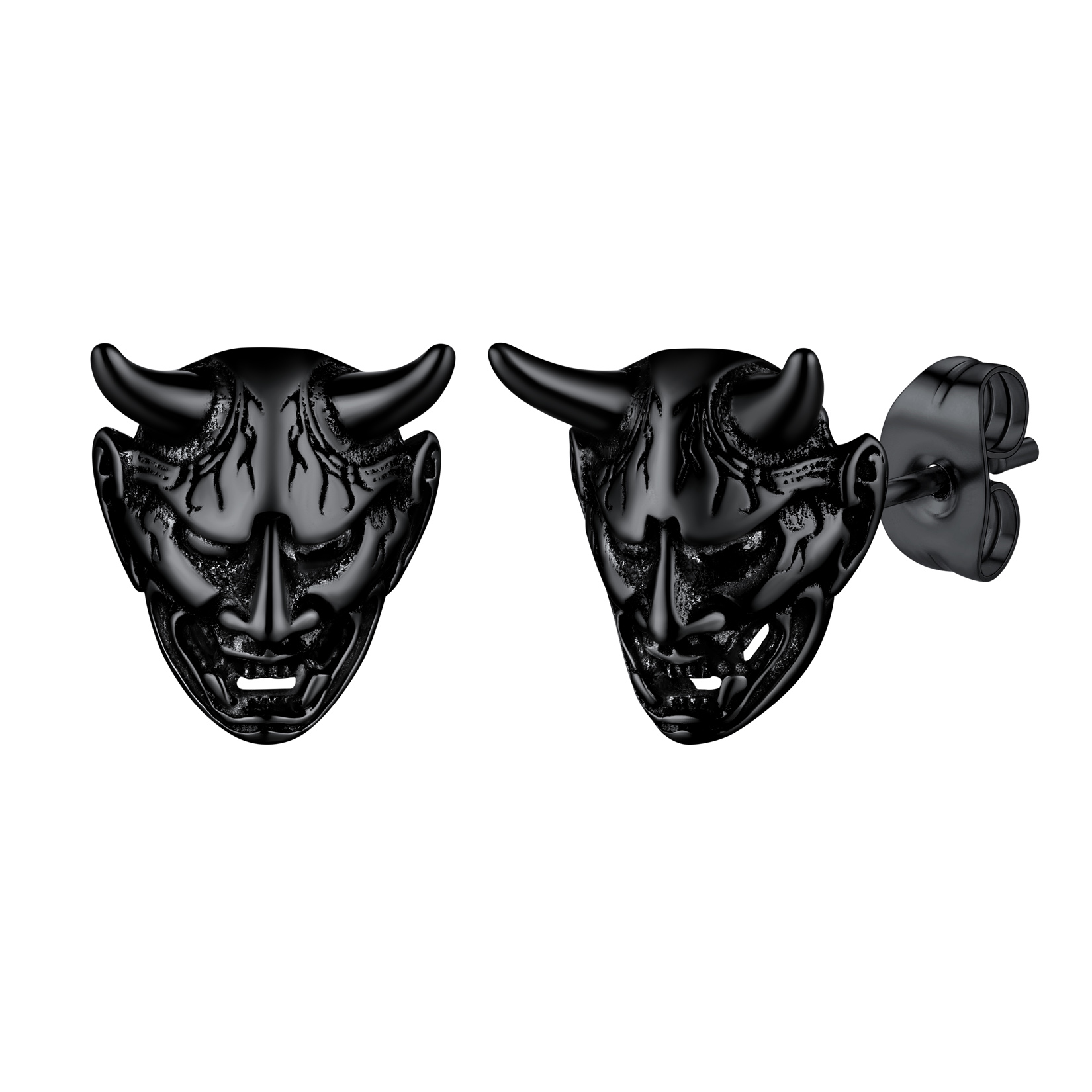 Hannya Mask Stud Earrings in Black Plated