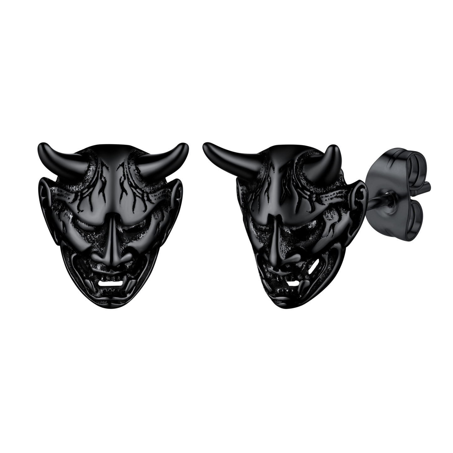 Hannya Mask Stud Earrings in Black Plated