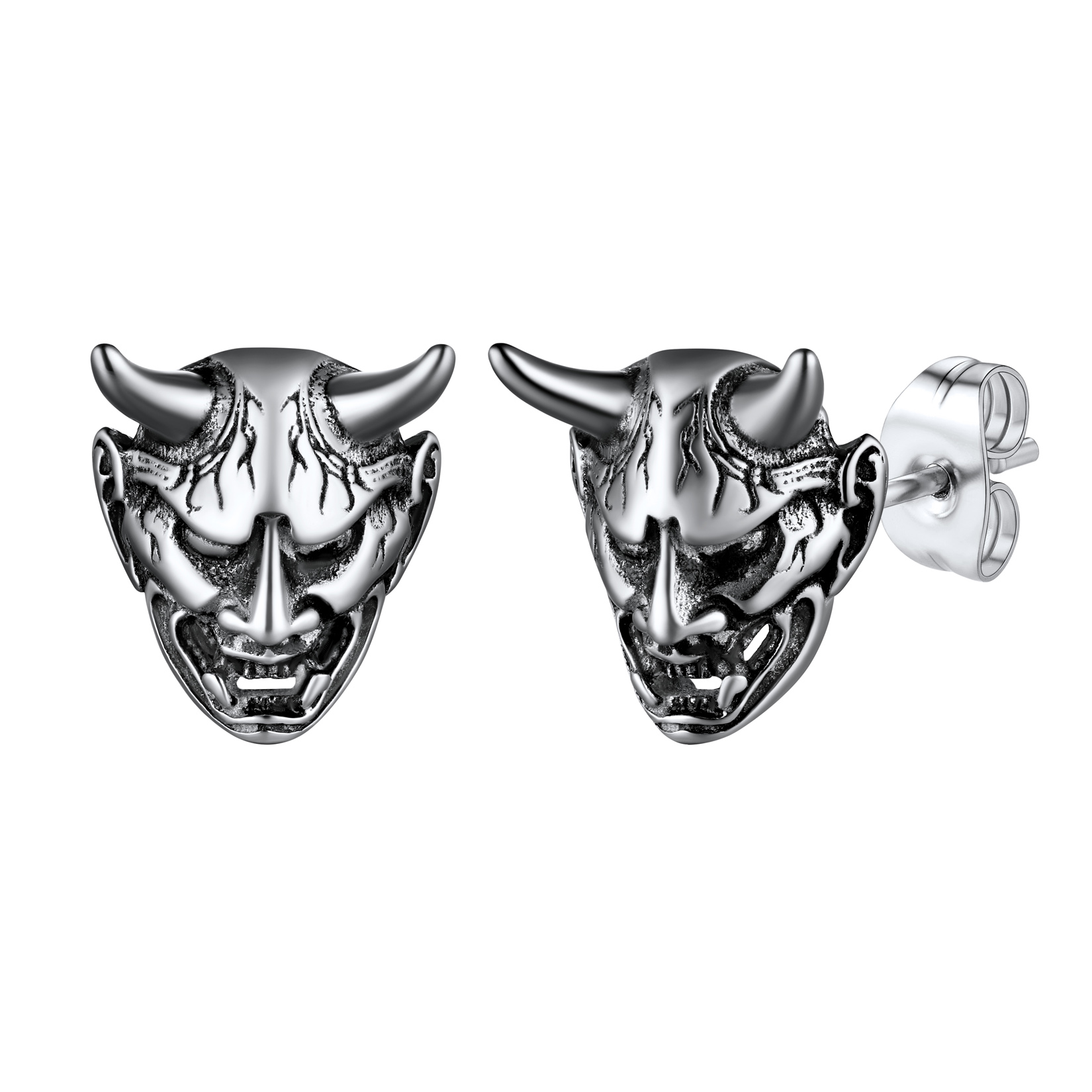 Hannya Mask Stud Earrings in Stainless Steel