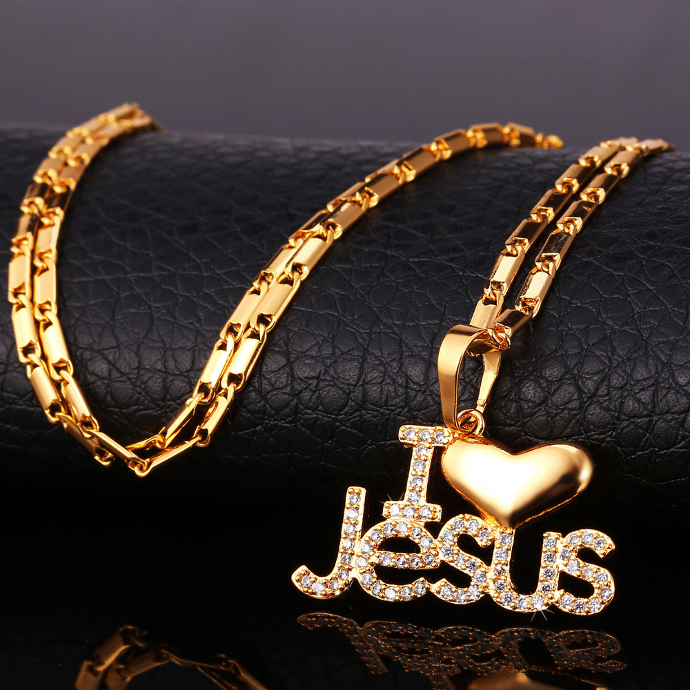 Heart Jesus Pendant Necklace with CZ, 18K Gold Plated-01