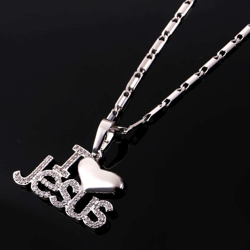 Heart Jesus Pendant Necklace with CZ, Platinum Plated-01