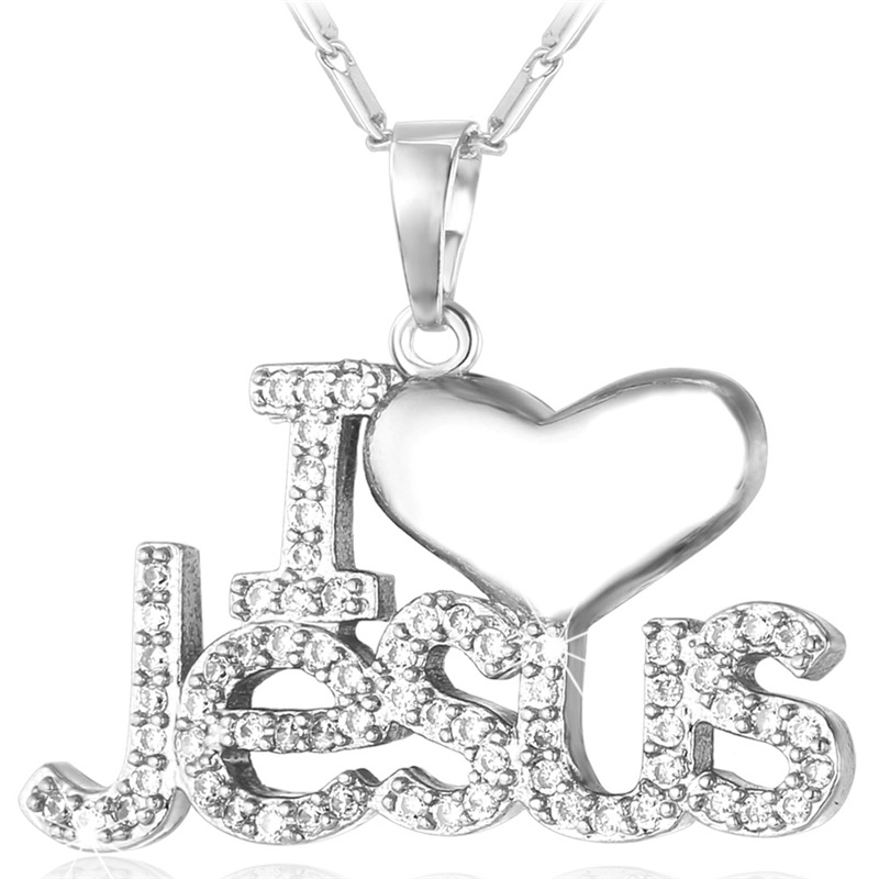 Heart Jesus Pendant Necklace with CZ in Platinum Plated