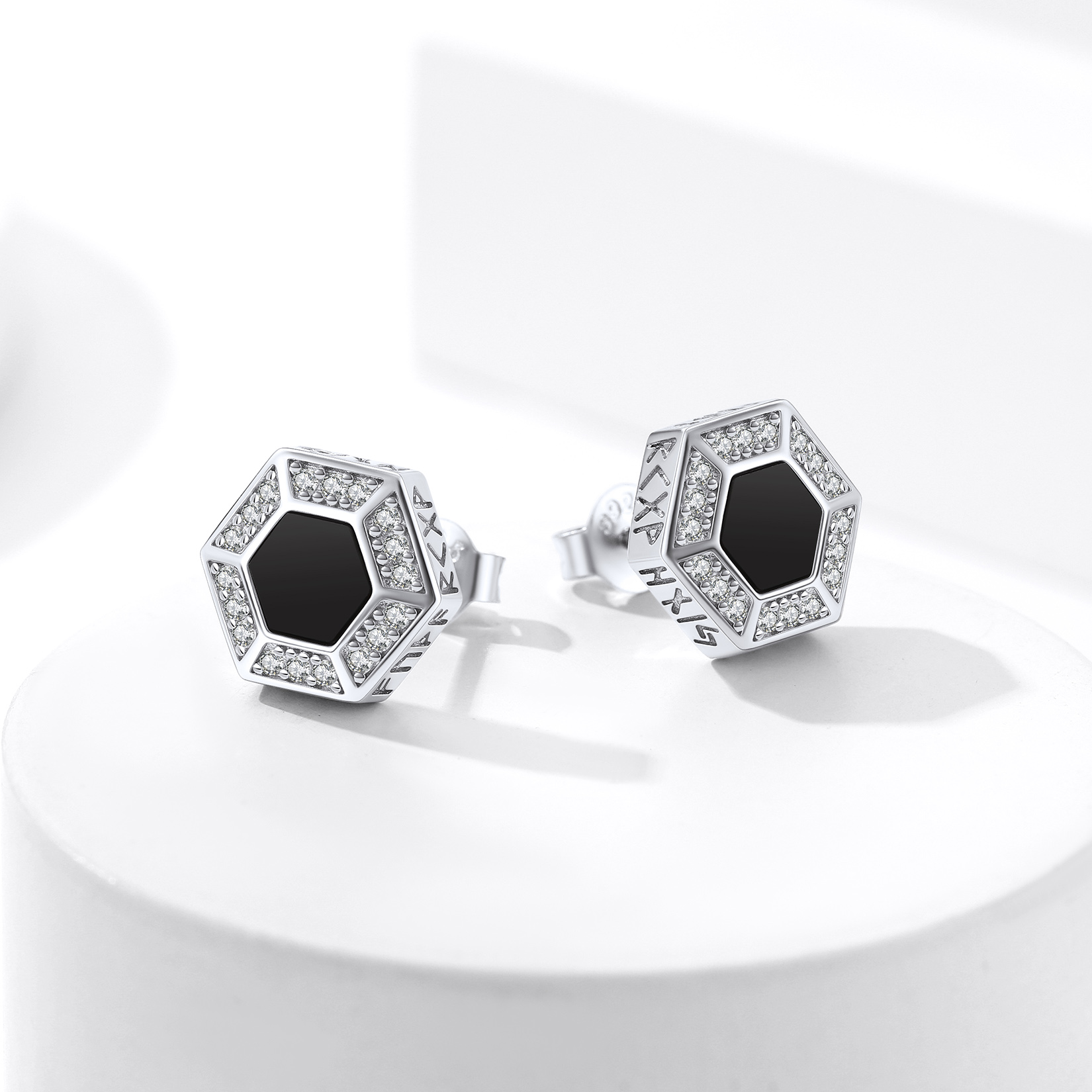 Hexagon Black Onyx Viking Rune Stud Earrings with CZ, Sterling Silver-01