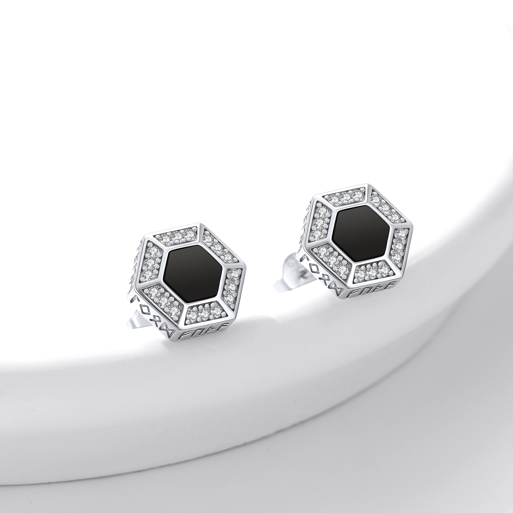 Hexagon Black Onyx Viking Rune Stud Earrings with CZ, Sterling Silver-02
