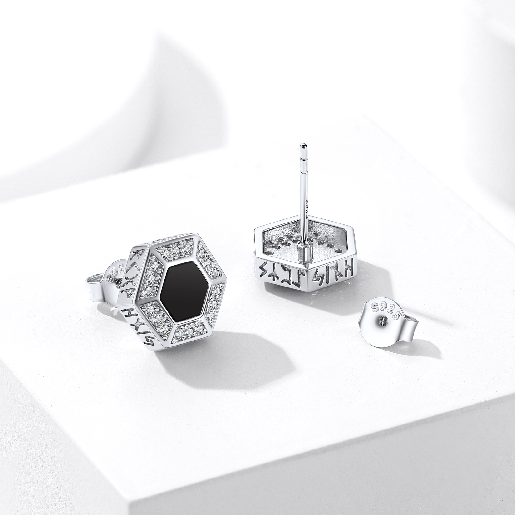 Hexagon Black Onyx Viking Rune Stud Earrings with CZ, Sterling Silver-03