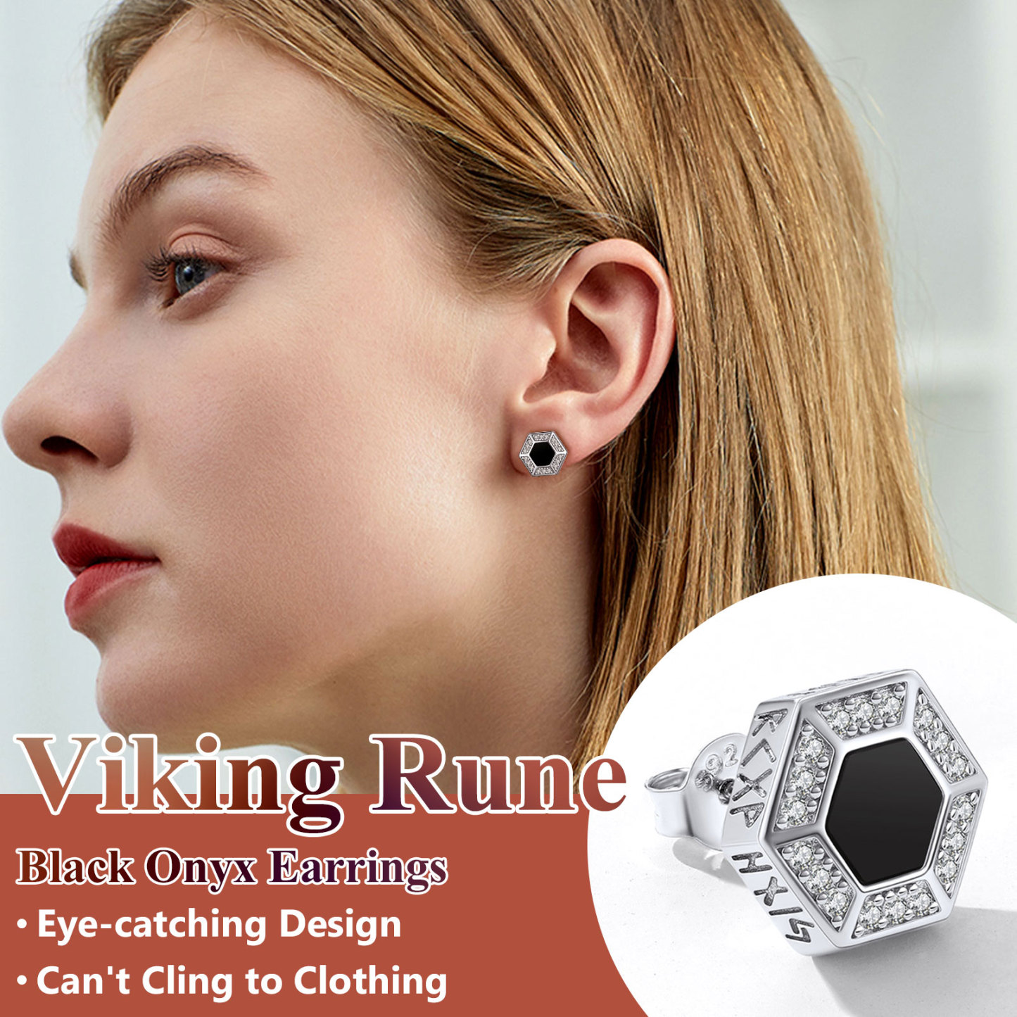 Hexagon Black Onyx Viking Rune Stud Earrings with CZ, Viking Jewelry