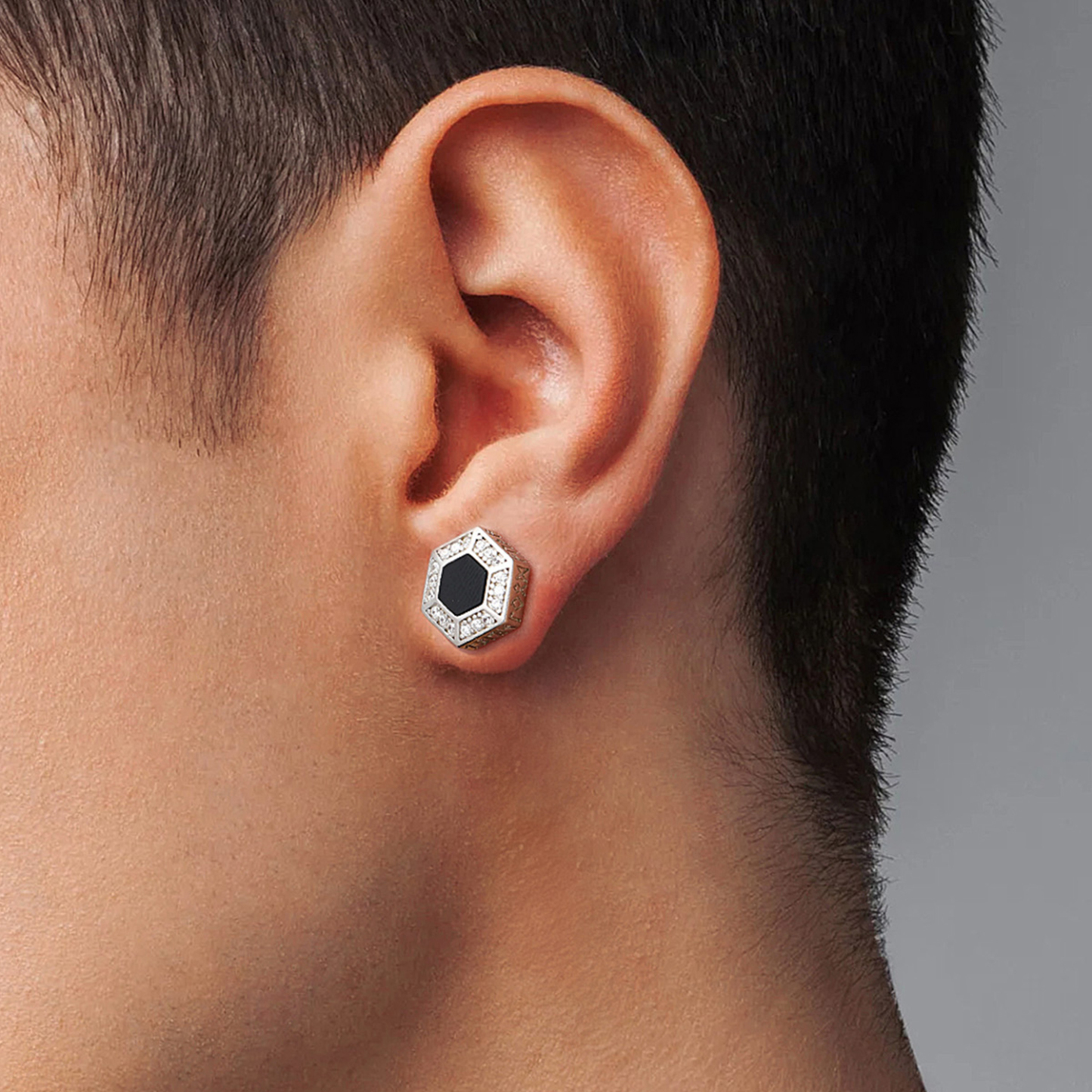 Hexagon Black Onyx Viking Rune Stud Earrings with CZ for Men-02