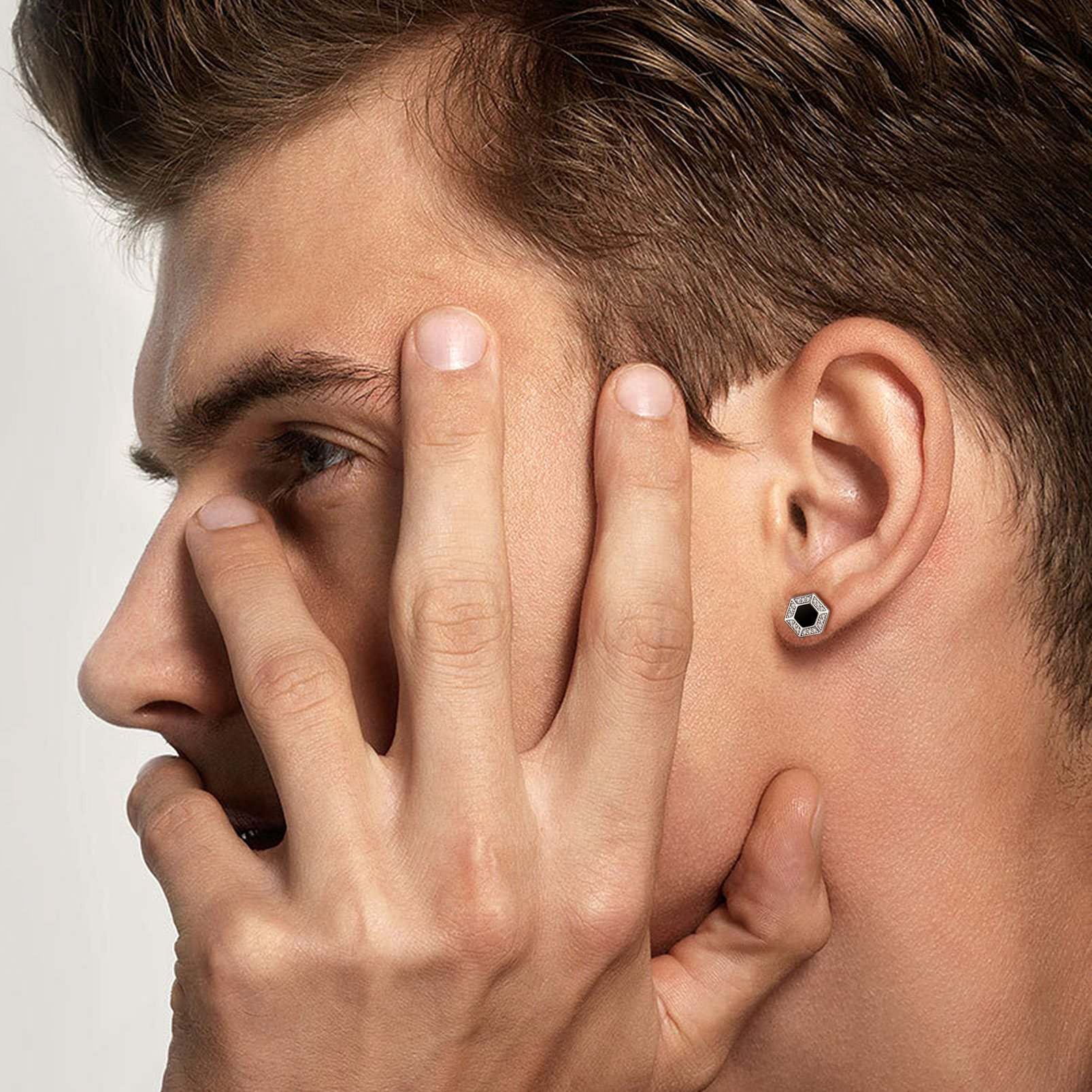 Hexagon Black Onyx Viking Rune Stud Earrings with CZ for Men