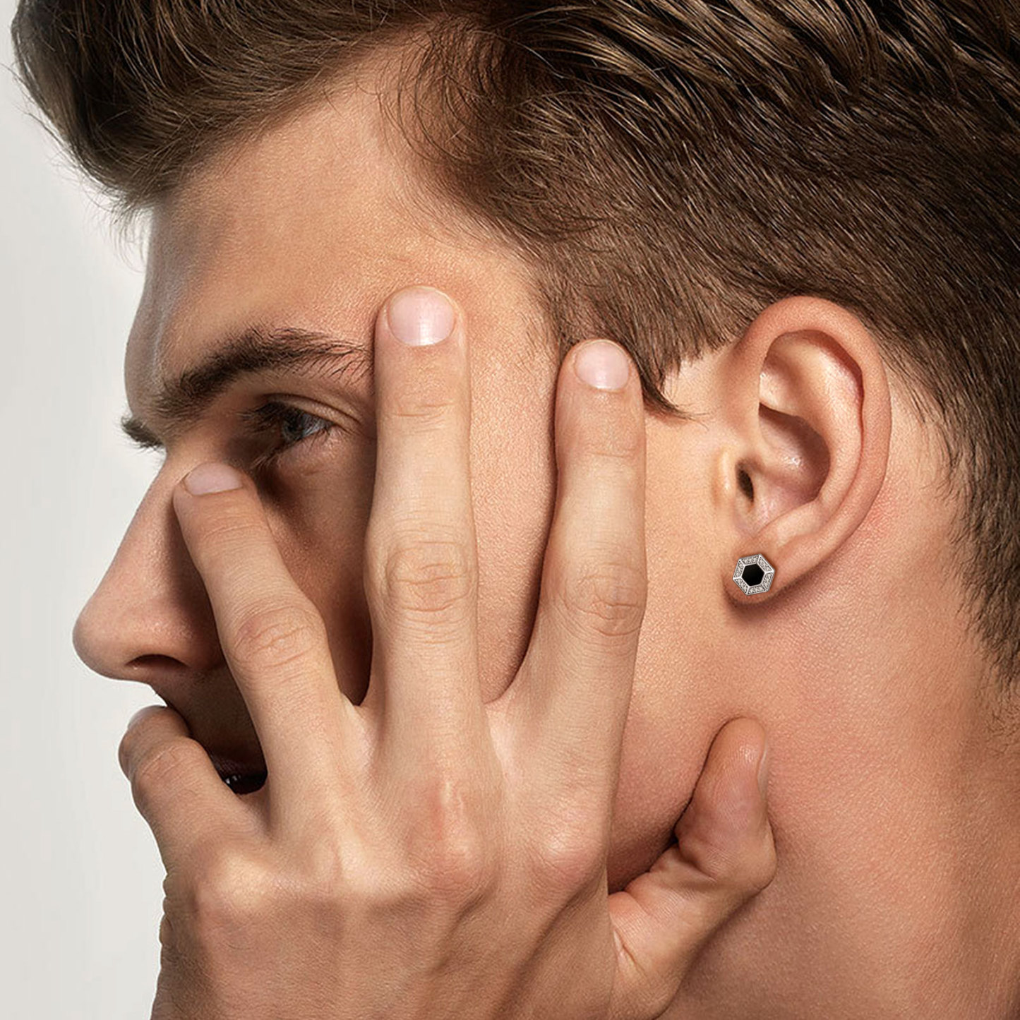 Hexagon Black Onyx Viking Rune Stud Earrings with CZ for Men