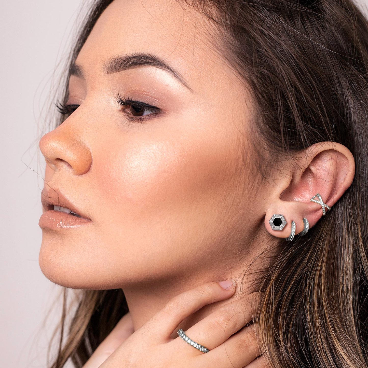 Hexagon Black Onyx Viking Rune Stud Earrings with CZ for Women-01