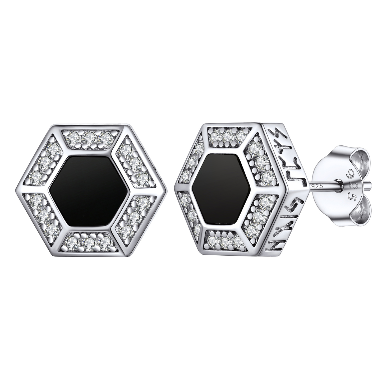 Hexagon Black Onyx Viking Rune Stud Earrings with CZ in Silver